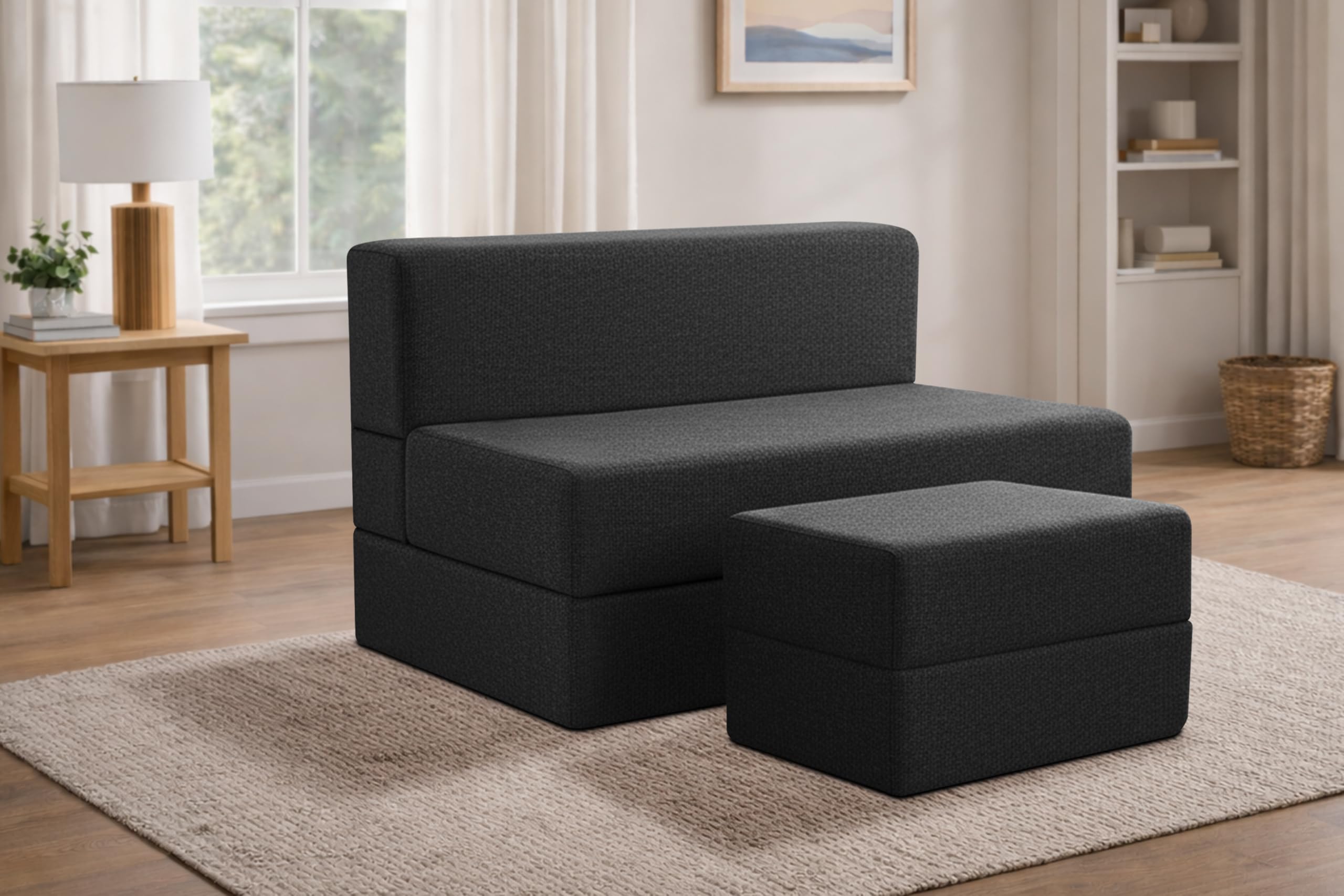 Rosebell Foldable Sofa-Cum-Bed with Ottoman | 3-in-1 Convertible Sofa, Lounger & Bed-3x6 Feet One Seater- Perfect for Home & Office -Black-picture-17