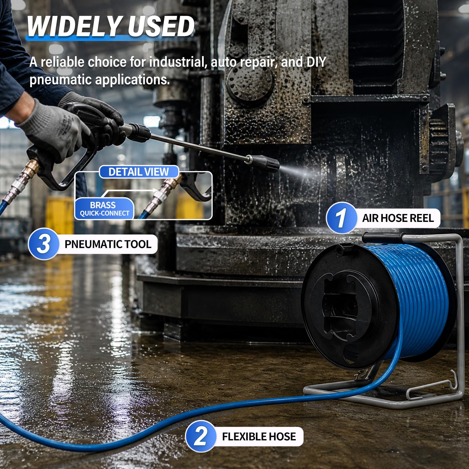 TAILONZ 1/2" x 20M Carrete Manguera Neumática con Racores 1/4" BSP | Kit completo para taller, reparación de coches, manguera retráctil, sistema neumático.