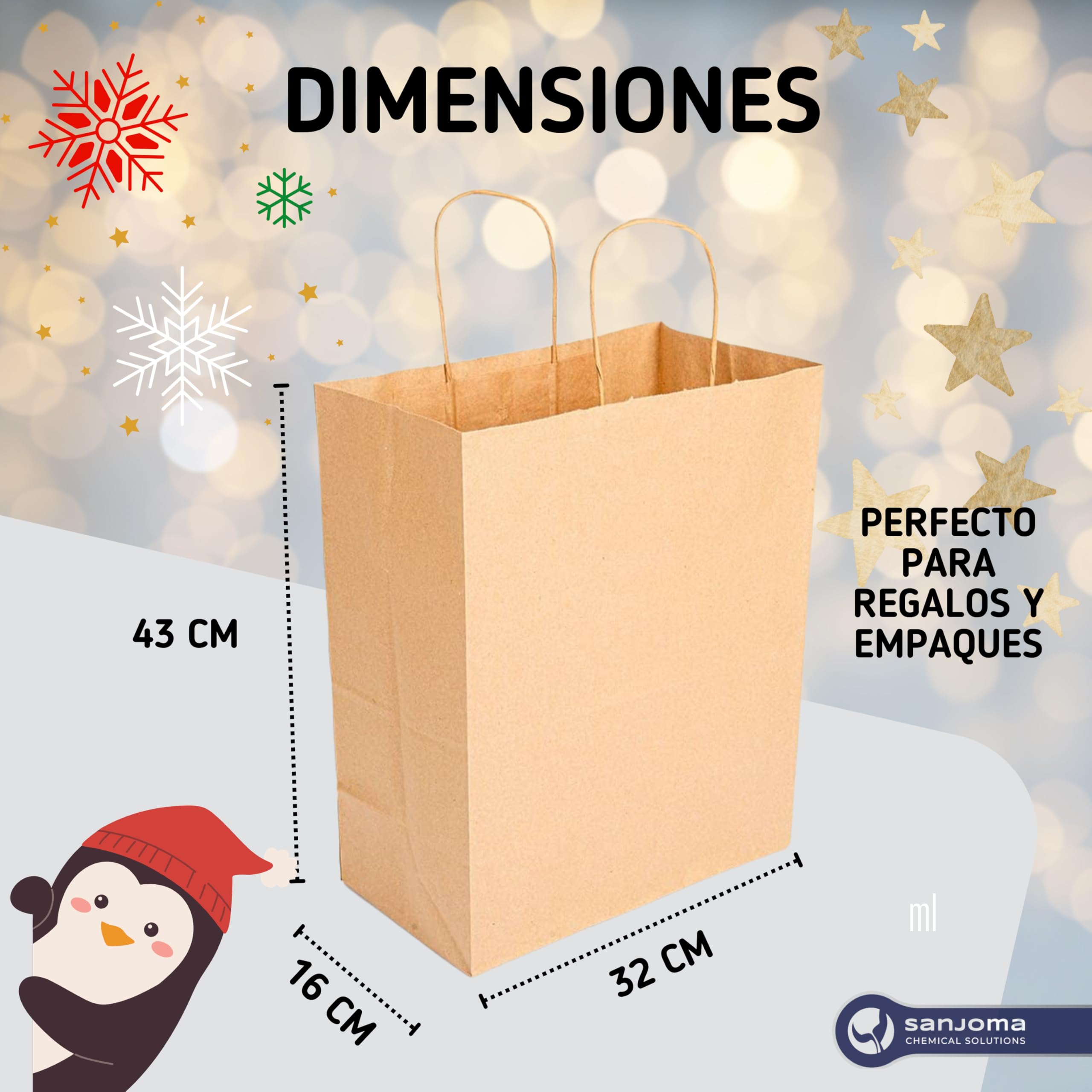 SANJOMA 250 Bolsas Sos Con Asas | Recicladas y Biodegradables | Bolsas De Papel Kraft Para Regalos, Color Natural | Saco Presente | Bolsas Kraft Ecológicas Y Reutilizables | Tamaño 32+16x43 Cm (250)