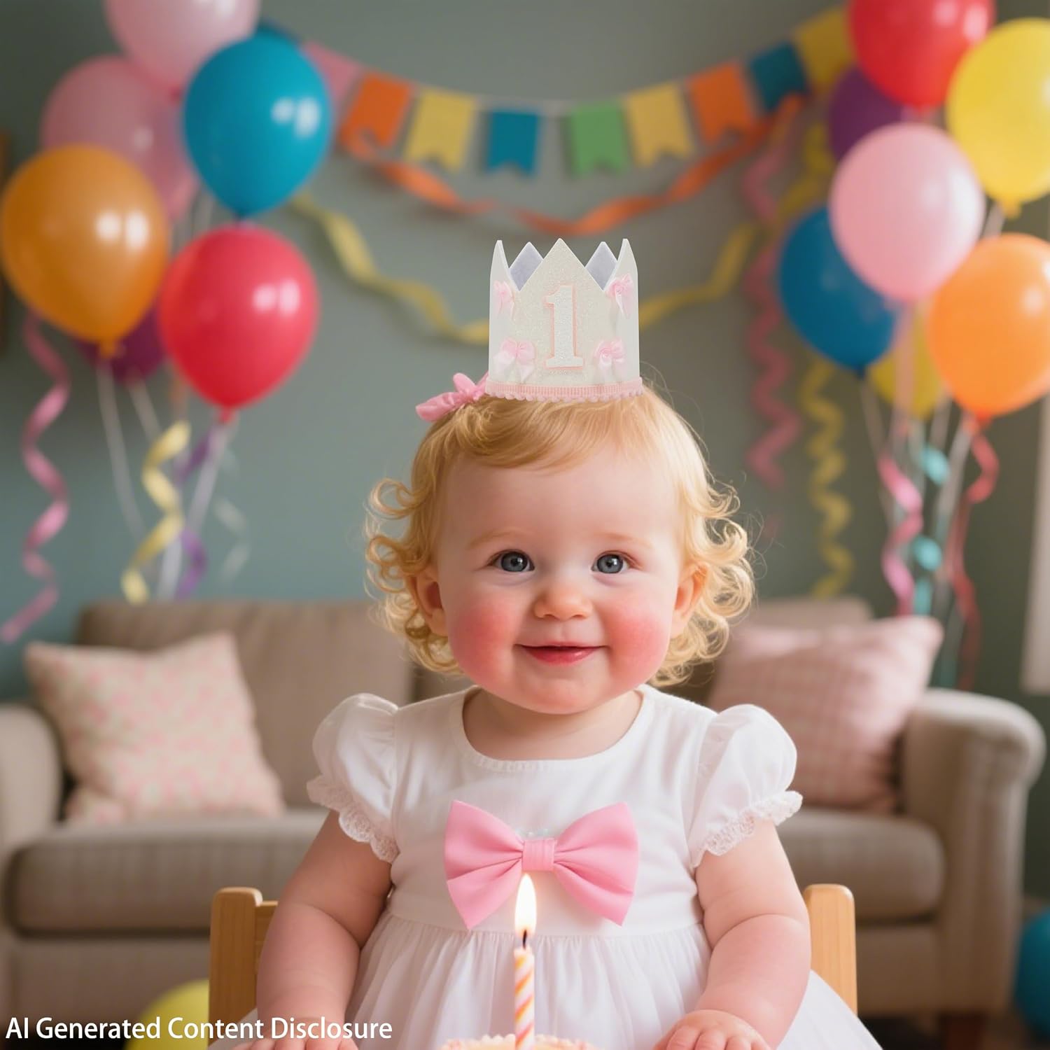 First Birthday Crown Headband, White Glitter with Pink Bows, Birthday Party Accessory