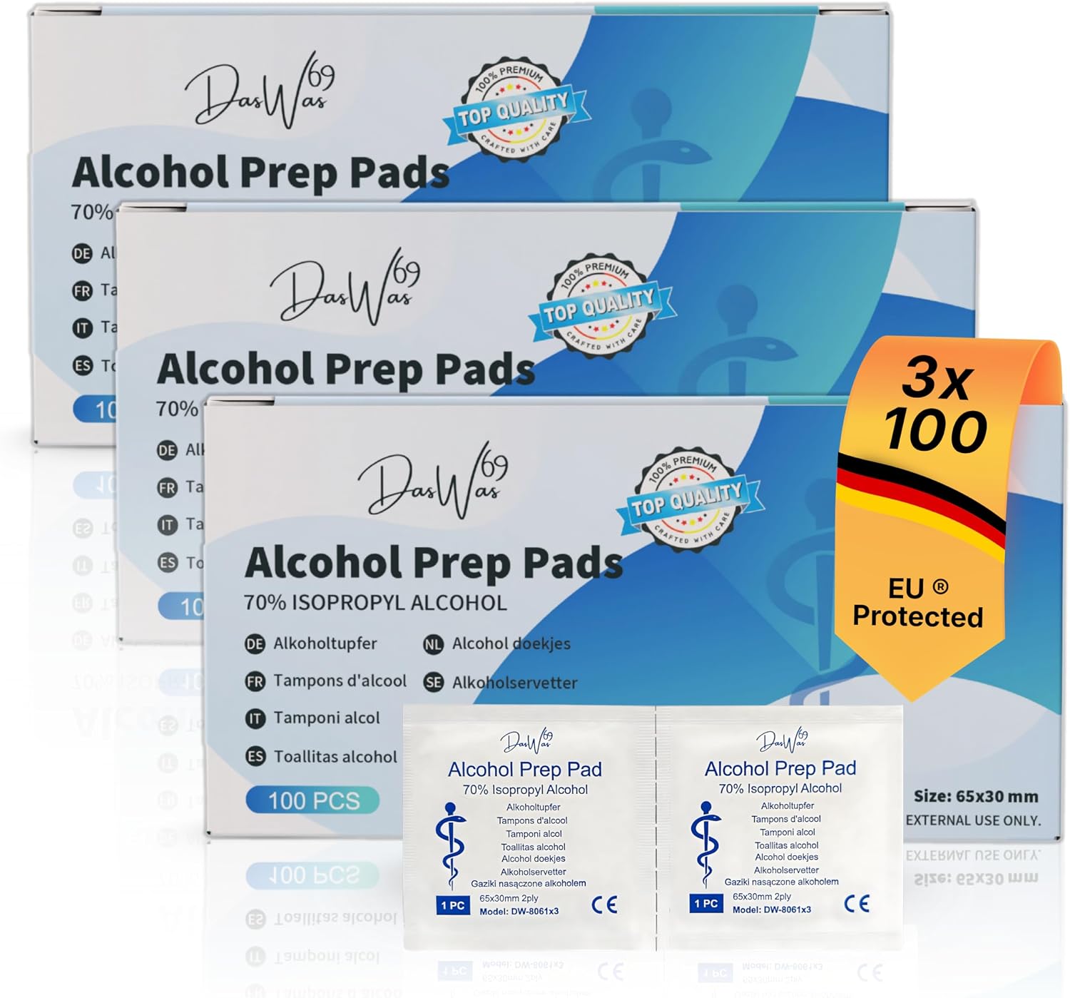 DasWas 3 x 100 Chusteczki Alkoholowe – 70% Izopropanol Poduszki Dezynfekujące – Jednorazowe Chusteczki do Dezynfekcji Skóry (65×30 mm) – 300 Alcohol Pads