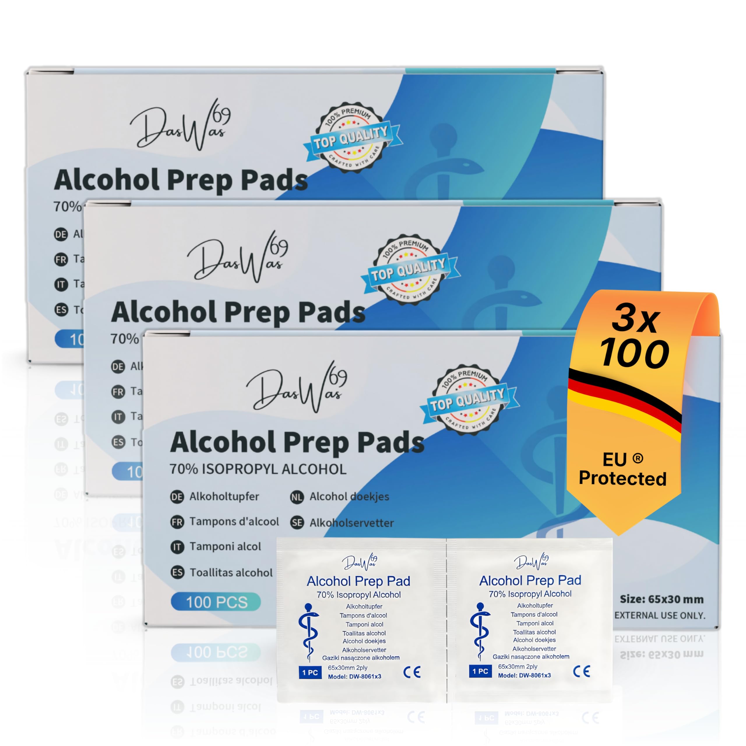 DasWas 3 x 100 Tamponi Alcool – Salviette Disinfettanti con 70% Isopropilico – Tamponi per Disinfezione Cutanea Singoli (65×30 mm) – 300 Alcohol Pads Uso Medico & Cura Quotidiana