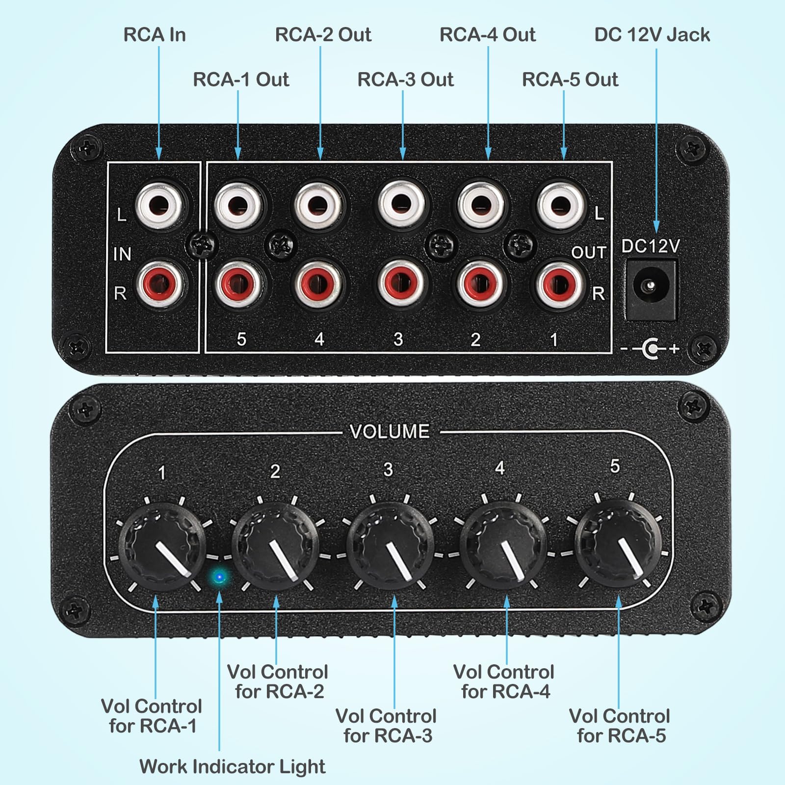 Splitter audio stereo RCA a 5 vie, 1 in 5 uscite, amplificatore di distribuzione audio, distributore di segnale RCA per altoparlanti, cuffie, amplificatori, con controllo del volume, guadagno