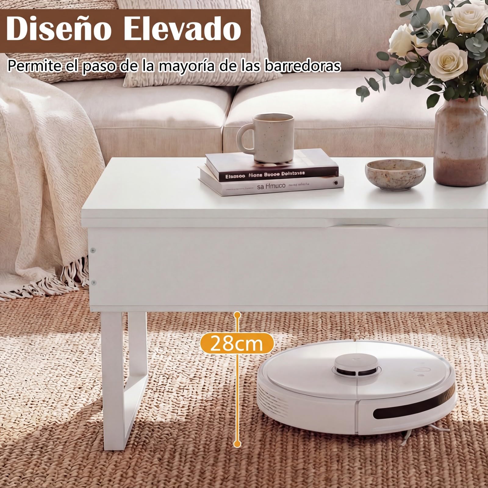 COSTWAY Mesa de Centro Elevable 3 en 1, Mesa Central Convertible con 3 Compartimentos Ocultos, Mueble de Comedor, Mesas de Cóctel de Madera para Salon, Oficina, 100 x 50 cm (Blanco)