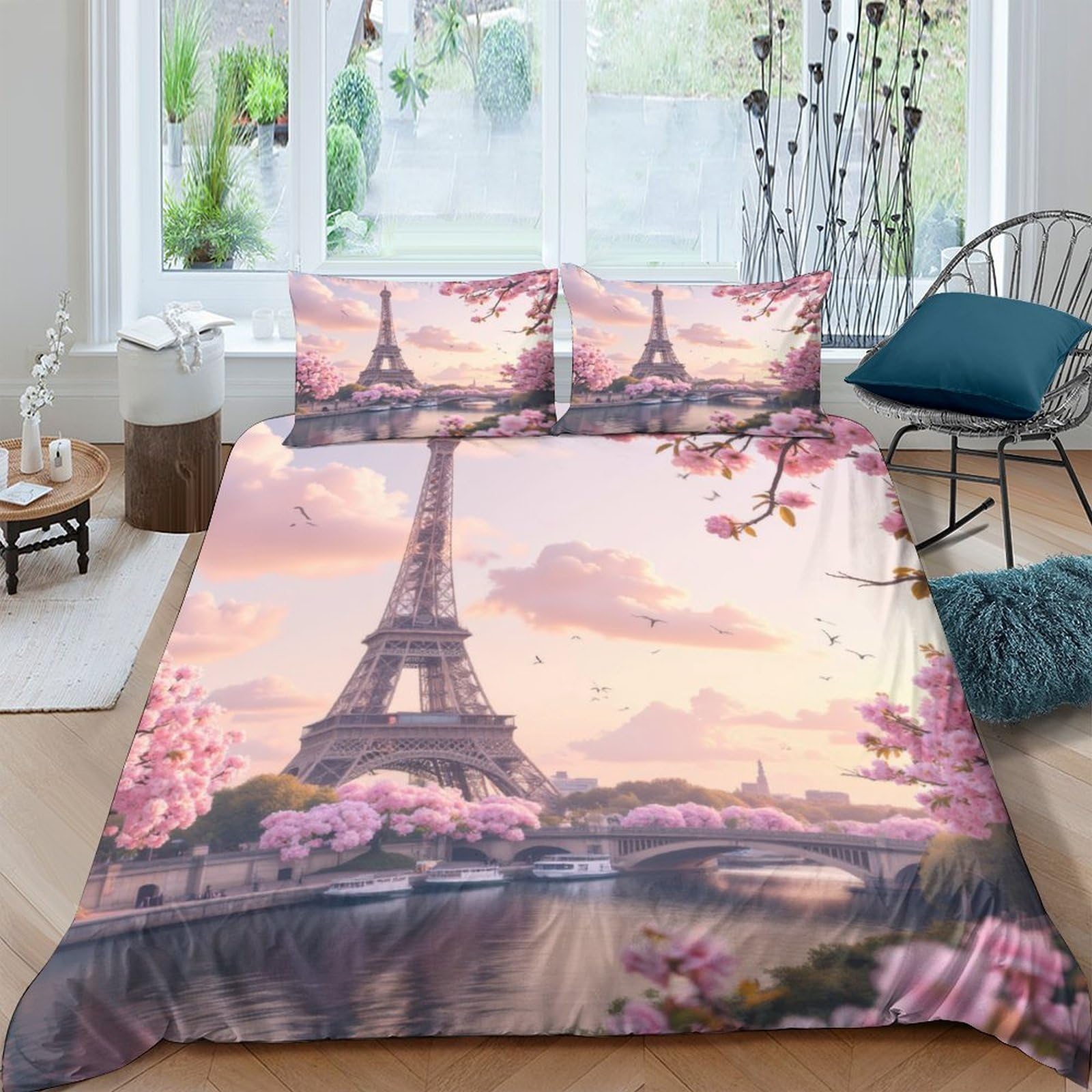 Ctjqhvkz Style-10 3D Printed Eiffel Tower Sunset Fitted Sheet Microfiber Pink Paris Bed Cover For Bedroom Guest Room Decor Single（135X200cm）