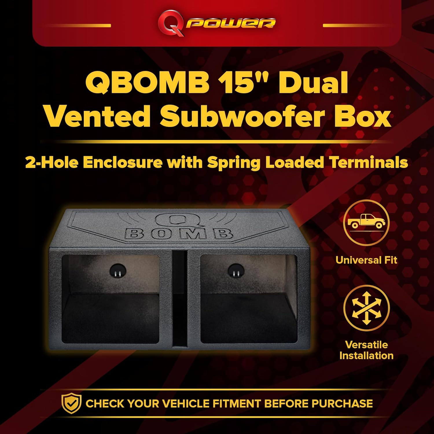 QPower QBOMB15VSQ QBOMB 15 Inch Center Vented Dual Ported Subwoofer Enclosure Speaker Box for Car Audio Sound Systems, Square