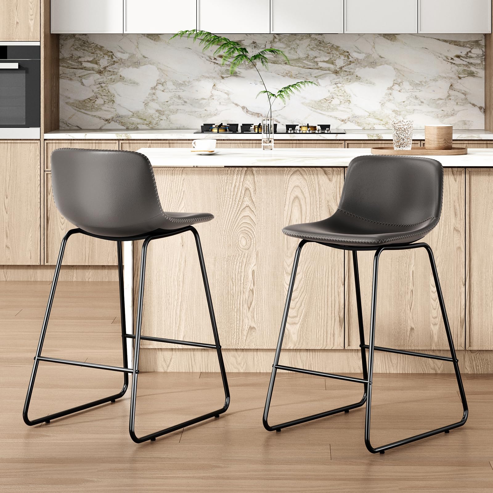 Soohow26 Inch Counter Height Bar Stools Set of 2, Comfortable Kitchen Island Stools with Back Support, Waterproof Leather Upholstered Modern Chairs for Home Bar Furniture and Kitchen Counter