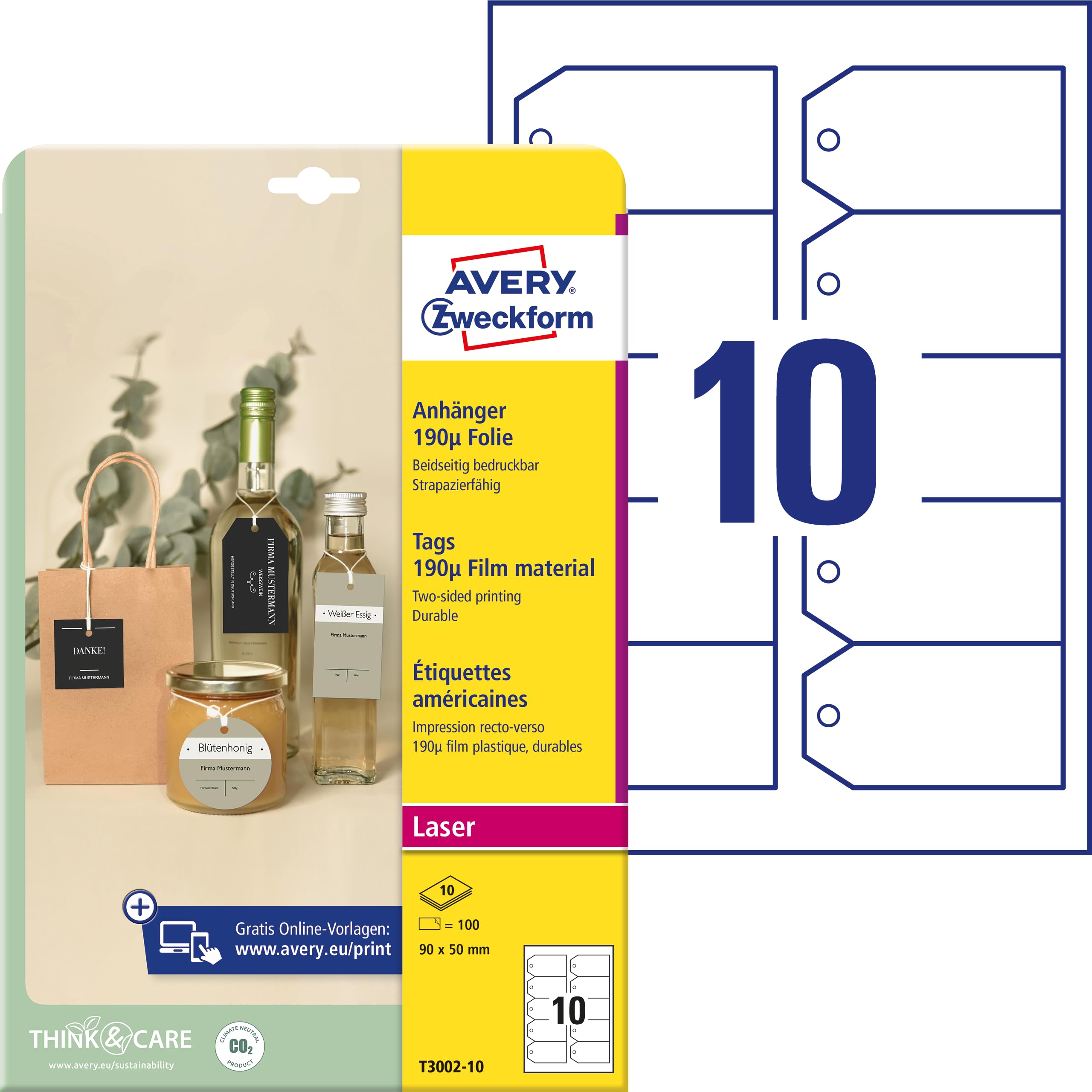 Avery Italia Cartellini con foro in plastica ultraresistente da 190µ su foglio A4, formato 80x50mm, 15 cartellini per foglio, stampa laser fronte e retro, cordoncino incluso, confezione da 10 fogli