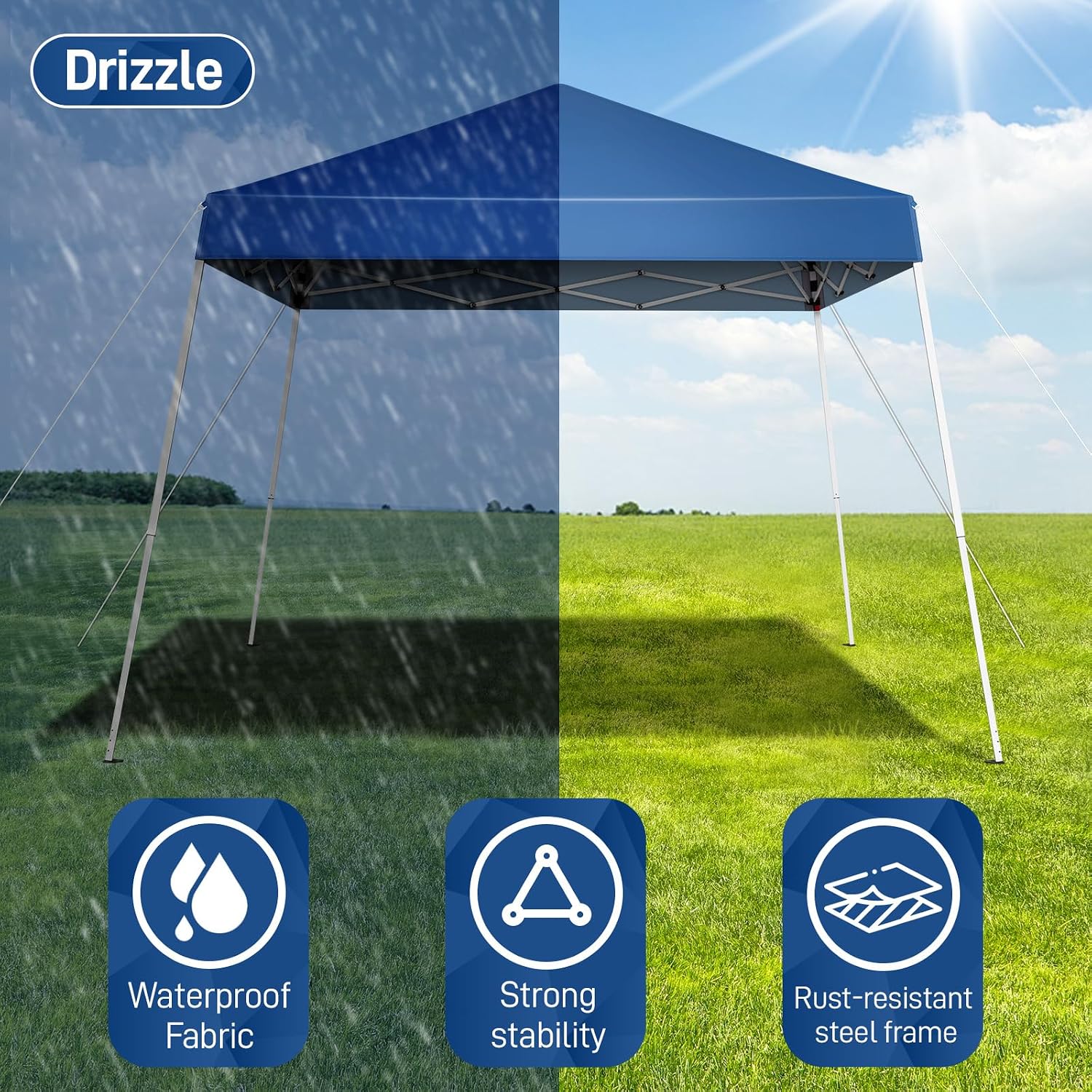 10x10 FT Ez Pop Up Canopy Tent, Outdoor Portable Folding Commercial Canopy Tent Heavy Duty, Instant Gazebo with Carrying Bag and Adjustable Height for Beach and Party Shelter, Slant (Blue)
