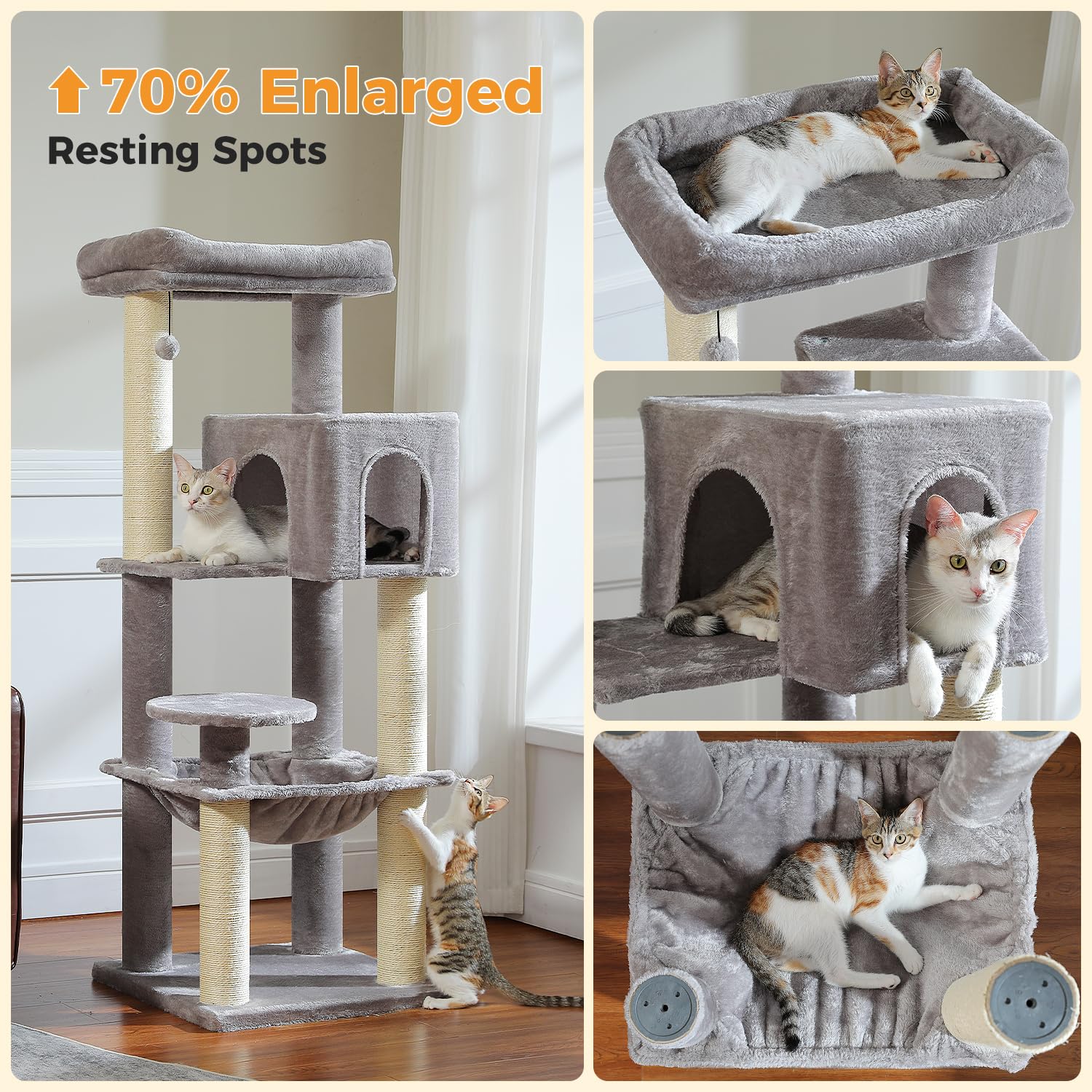 PAWZ Road Albero per gatti grande da 147 cm, con tiragraffi ispessiti (φ3,7 pollici) per gatti adulti di grandi dimensioni, 13,6 kg, centro attività multi-livello con struttura in metallo, amaca e