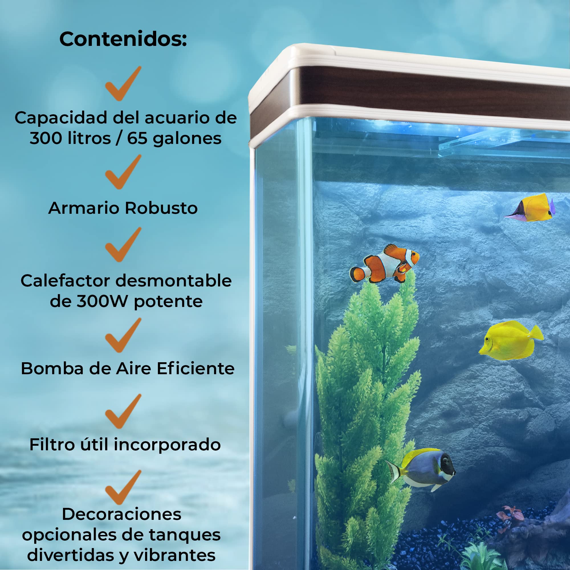 Pecera Acuario 300 litros para Peces de Agua Dulce,Tropicales + Marinos con Mueble Blanco,Calentador 300W Ajustable,Filtro,Bomba de Aire,Zona Observación 180º + Luz LED, 2 Años Garantía Eléctrica