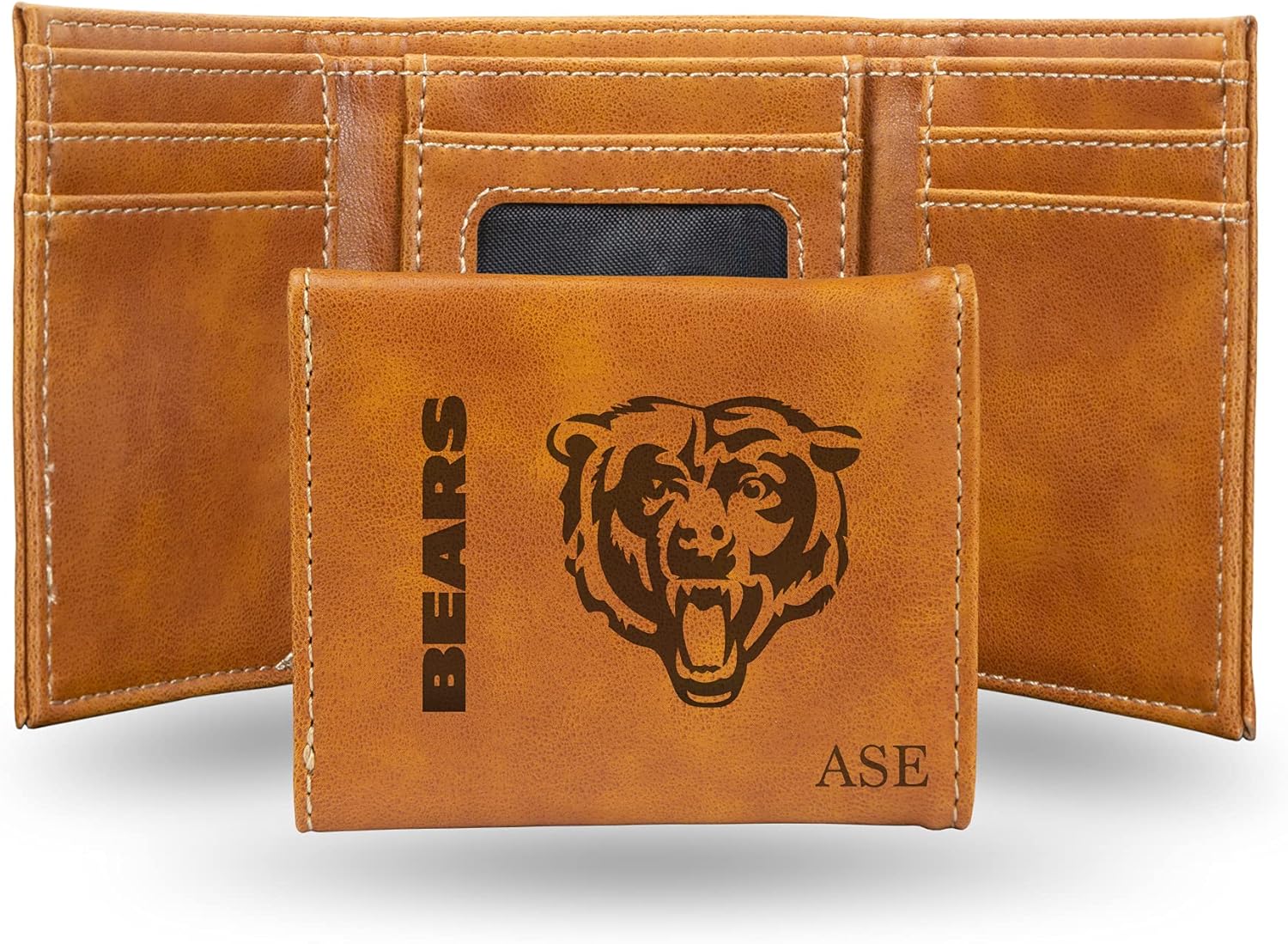 Rico Industries NFL Football Chicago Bears Brown Personalized-Custom Laser Engraved Faux Leather Tri-fold Wallet - Slim Wallet