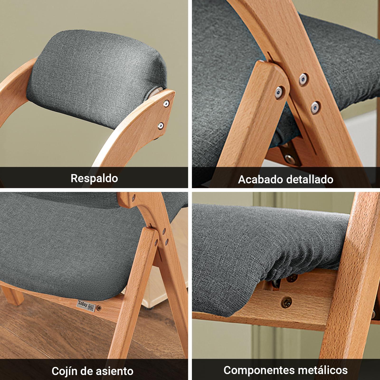 SoBuy Silla Plegable de Madera Acolchada, montada, 47,5x77x59cm, Cocina | Silla Plegable Interior ergonómica, compacta, funda extraíble/lavable, carga de 120 kg, comedor/balcón/oficina, FST92-SG