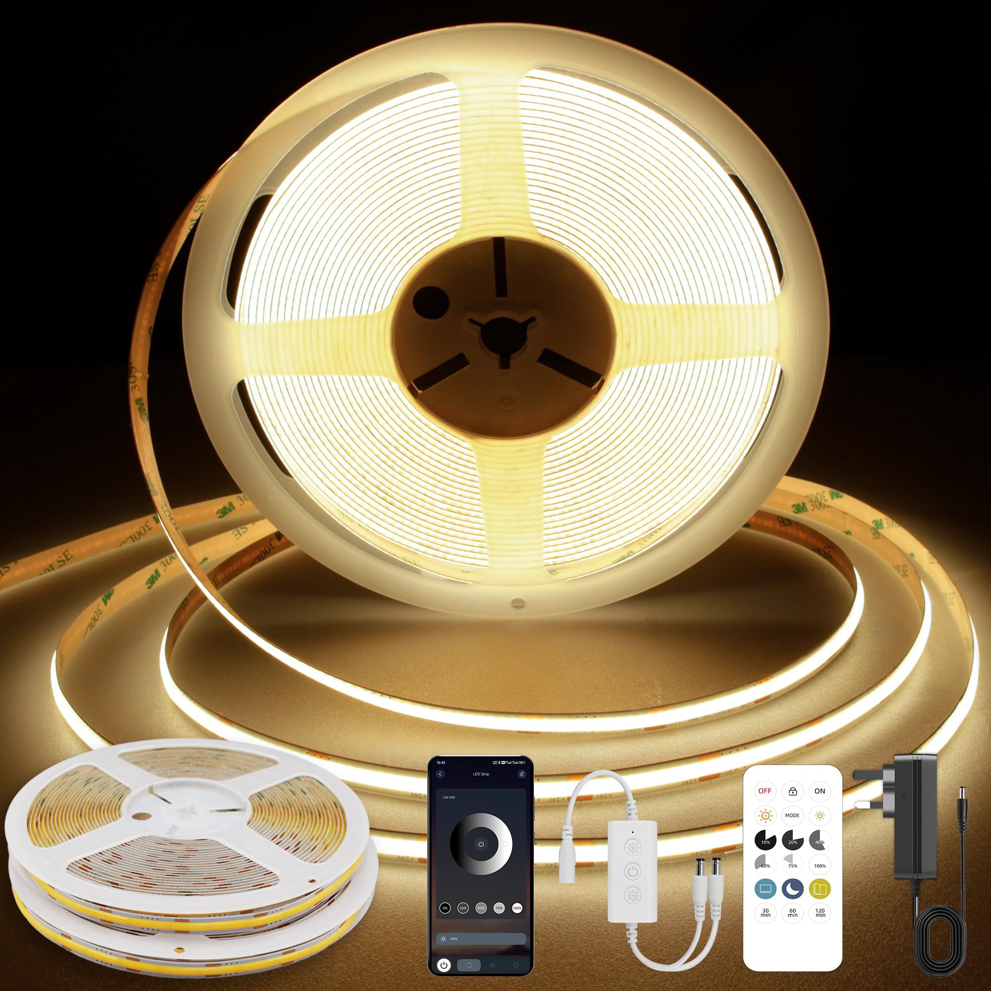 TTWAY COB LED Strip 10M, Warm White LED Strip Lights 3000K, 24V Dimmable LED Tape Light, CRI92+, 8mm Width, with Remote and App and UKCA Power Supply,for Home Decoration, Kitchen, Mirror (5M*2)
