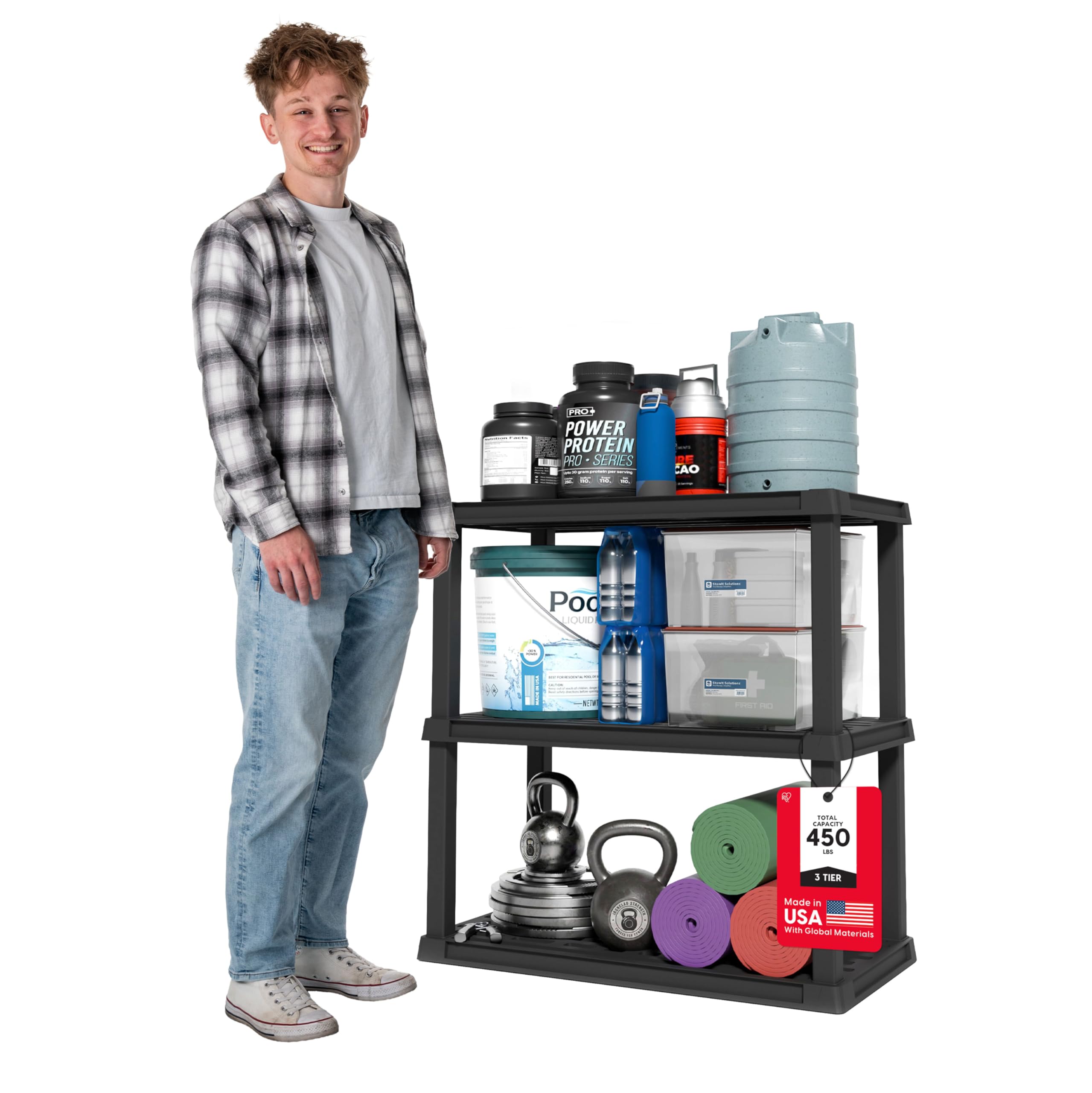 Étagère en plastique Iris USA à 3 niveaux : meuble de rangement robuste de 96 cm pour garage