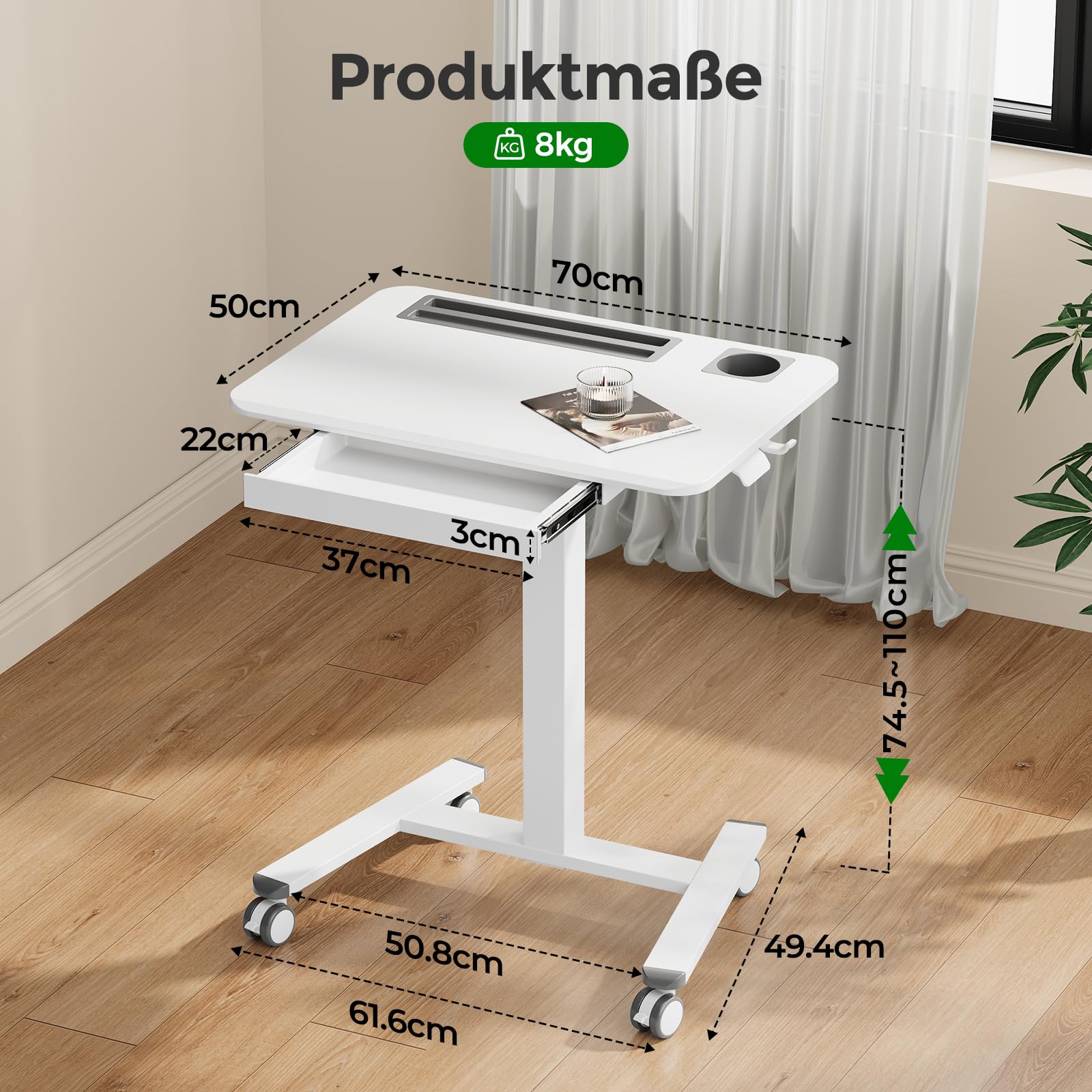 Gibbon Mounts 70x50cm höhenverstellbarer Schreibtisch mit Schublade, Rollen | Weiß Mobiler Laptoptisch mit Handyfach, Halter & Haken, 3cm flacher Sockel für enge Lücken, 4 bremsbare Räder als Ersatz inkl