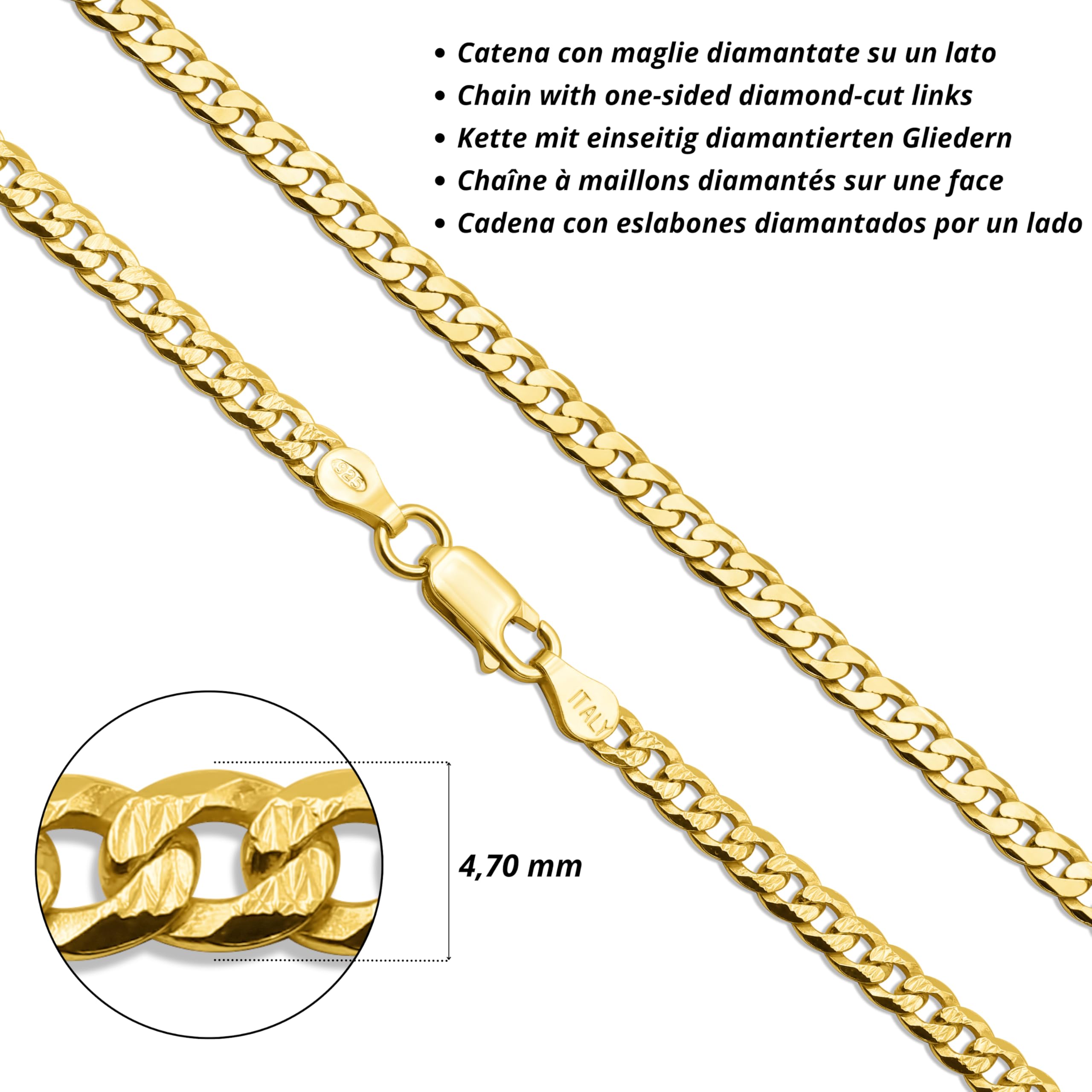 AKA Gioielli® - Cadena Cubana 5mm Plata De Ley 925 Chapada en Oro 18k Diamantada en un lado - Collar Hombre y Mujer Longitudes: 45 50 55 60 cm