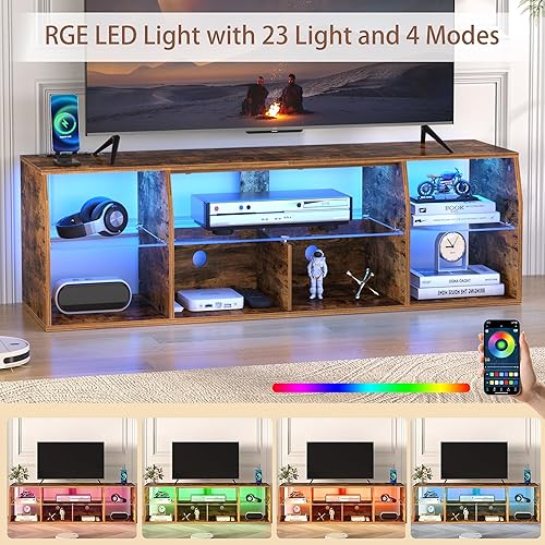 Miniatura 10 de VECELO Soporte de TV LED para centro de entretenimiento de 65 pulgadas con tomas de corriente, gabinete de televisión industrial con 7 estantes de