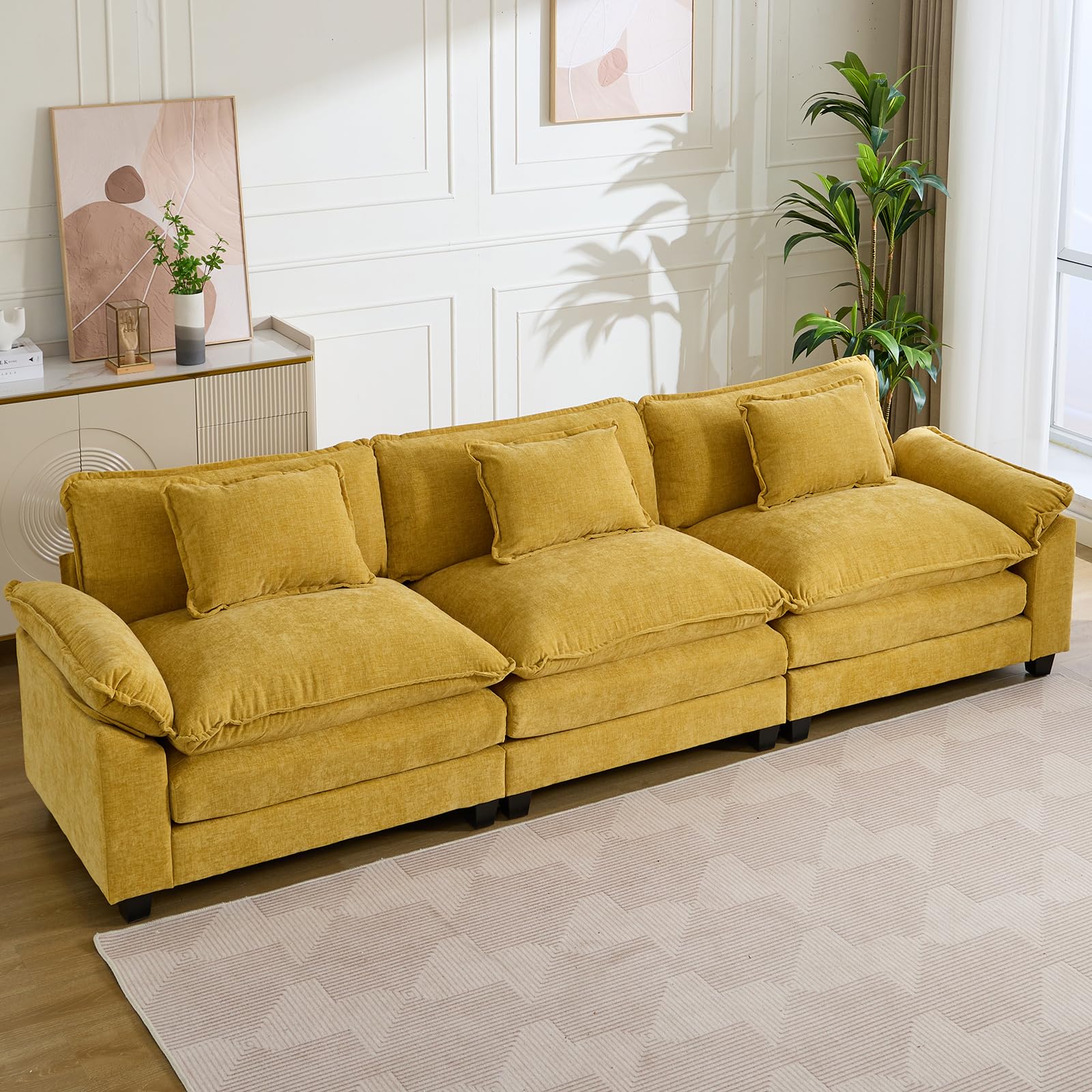 IPKIG 117" Modular Sectional Sofa, Chenille I-Shaped Sectional Couch Comfy Upholstered 3-Seat Sofa with 3 Lumbar Pillow, Deep Seat Cloud Couch Sofa