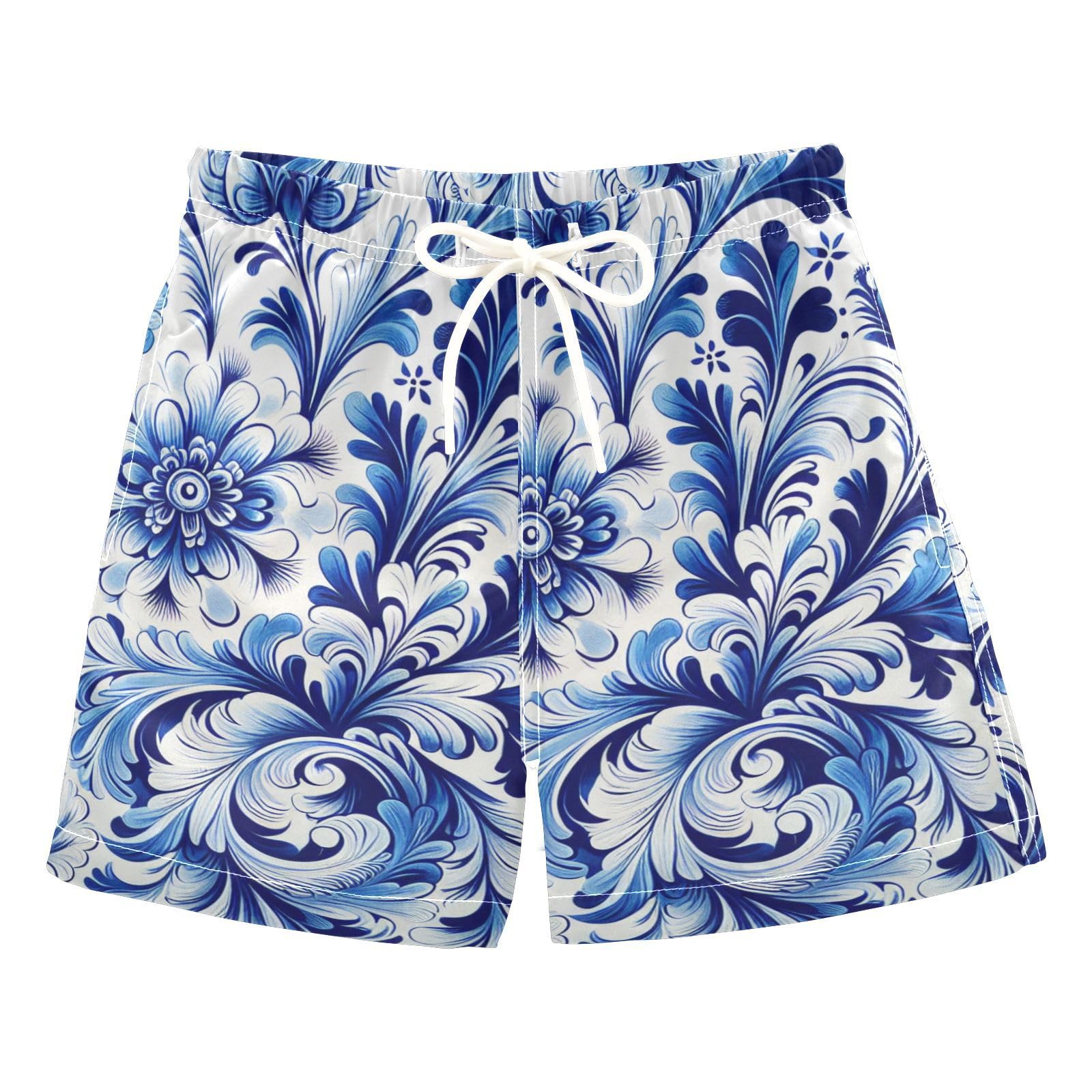 FLildon Blue White Floral Tile Little Boys Swim Trunks with Mesh Lining Quick Dry Beach Board Shorts, 3T