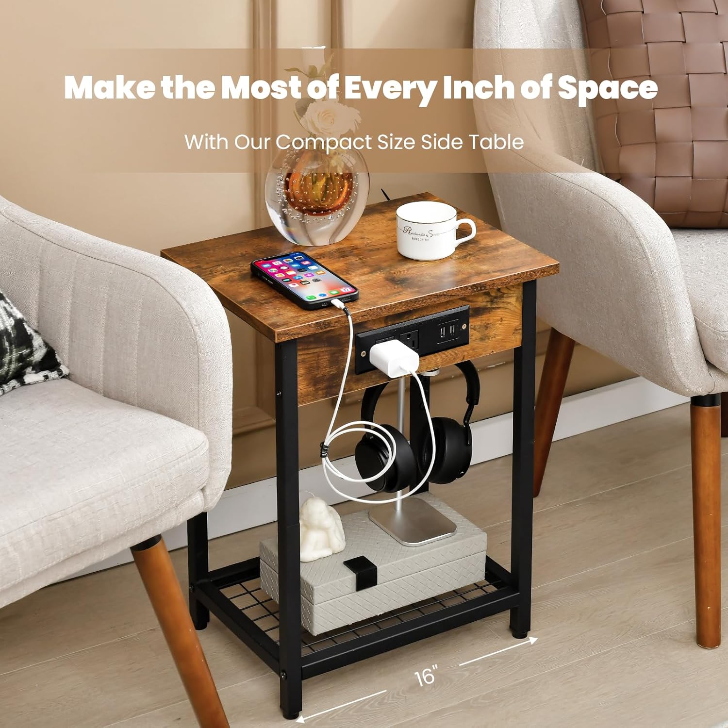 Rustic Brown Industrial End Tables with Charging Station, Set of 2