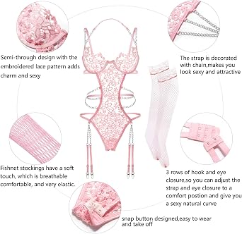 Women Lingerie Set Lace Teddy Strap Chain Babydoll Bodysuit with Garter Belts (Pink