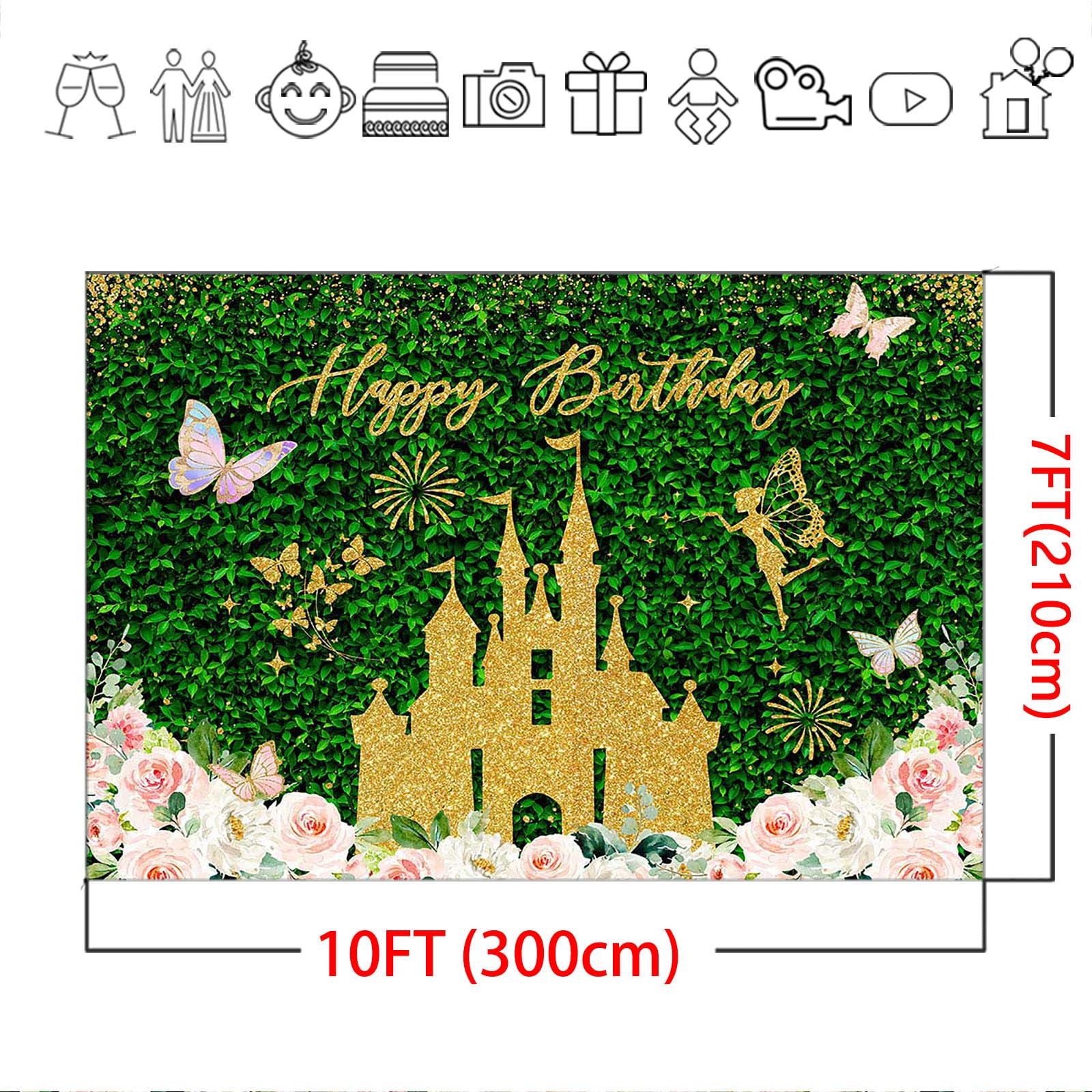 Avezano Zieleń tło urodzinowe złoty zamek różowy kwiatowy Happy Birthday Party dekoracje zielone liście motyl kobiety dziewczyny urodziny sesja zdjęciowa tło baner materiały (3 x 2,1 m)