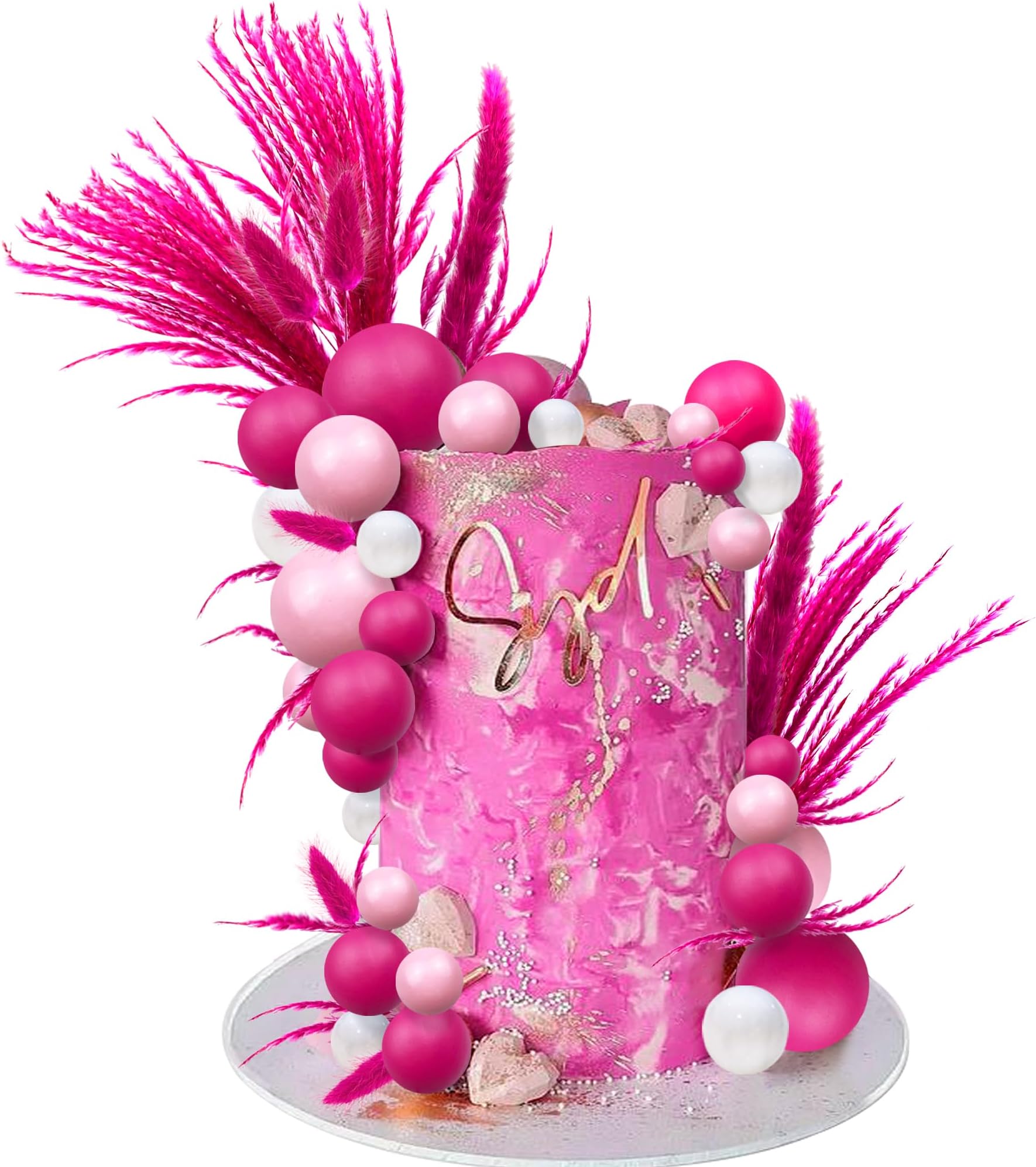 RASSLISA 40 PCS Hot Pink & Pink Boho Bunny Tails Reed Grass Cake Decoration for Boho Wedding, Birthday, Baby Shower & Bachelorette Party