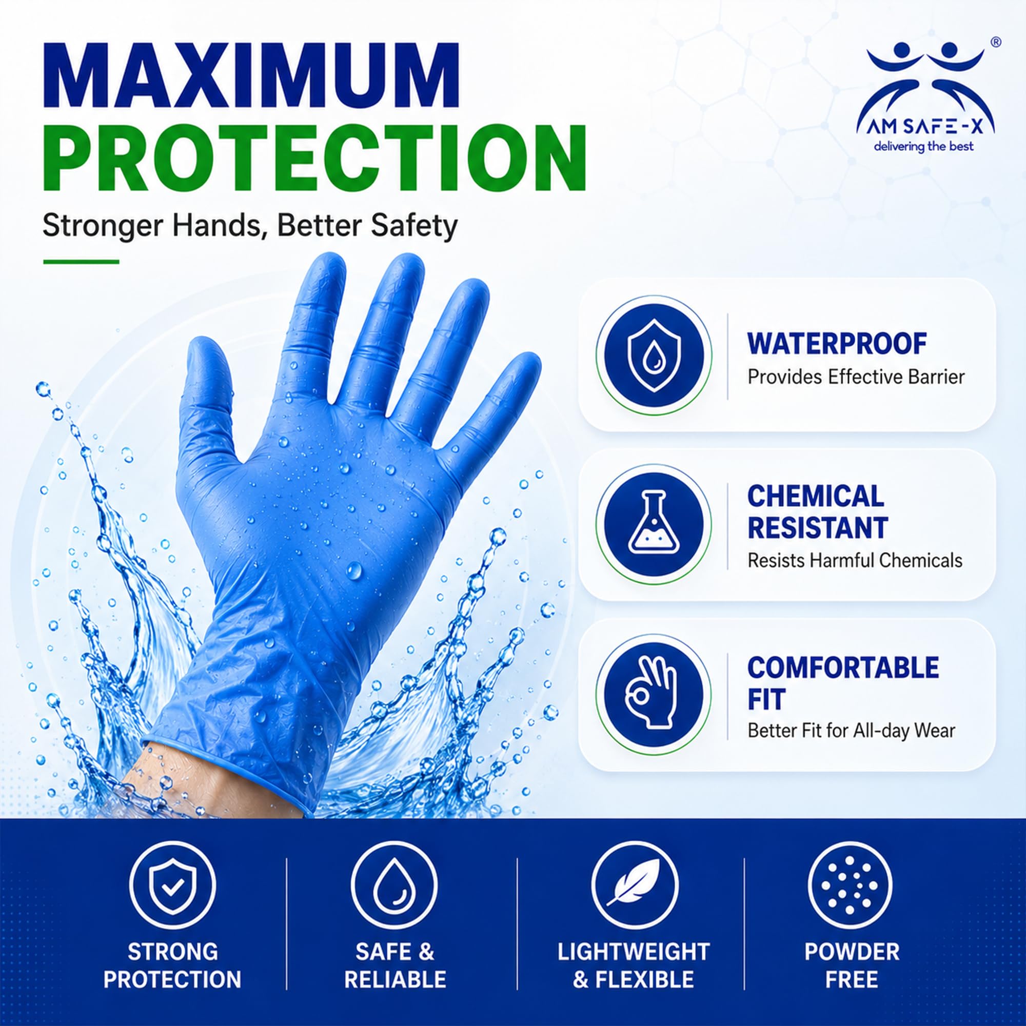 AM Safe X Powder Free Blue Nitrile Gloves for Hands 100pcs | Food Grade Heavy Duty Disposable Multipurpose Gloves | Single Use |Cleaning, Kitchen, Tattoo, Salon, Automotive & Examination Gloves Medium 2
