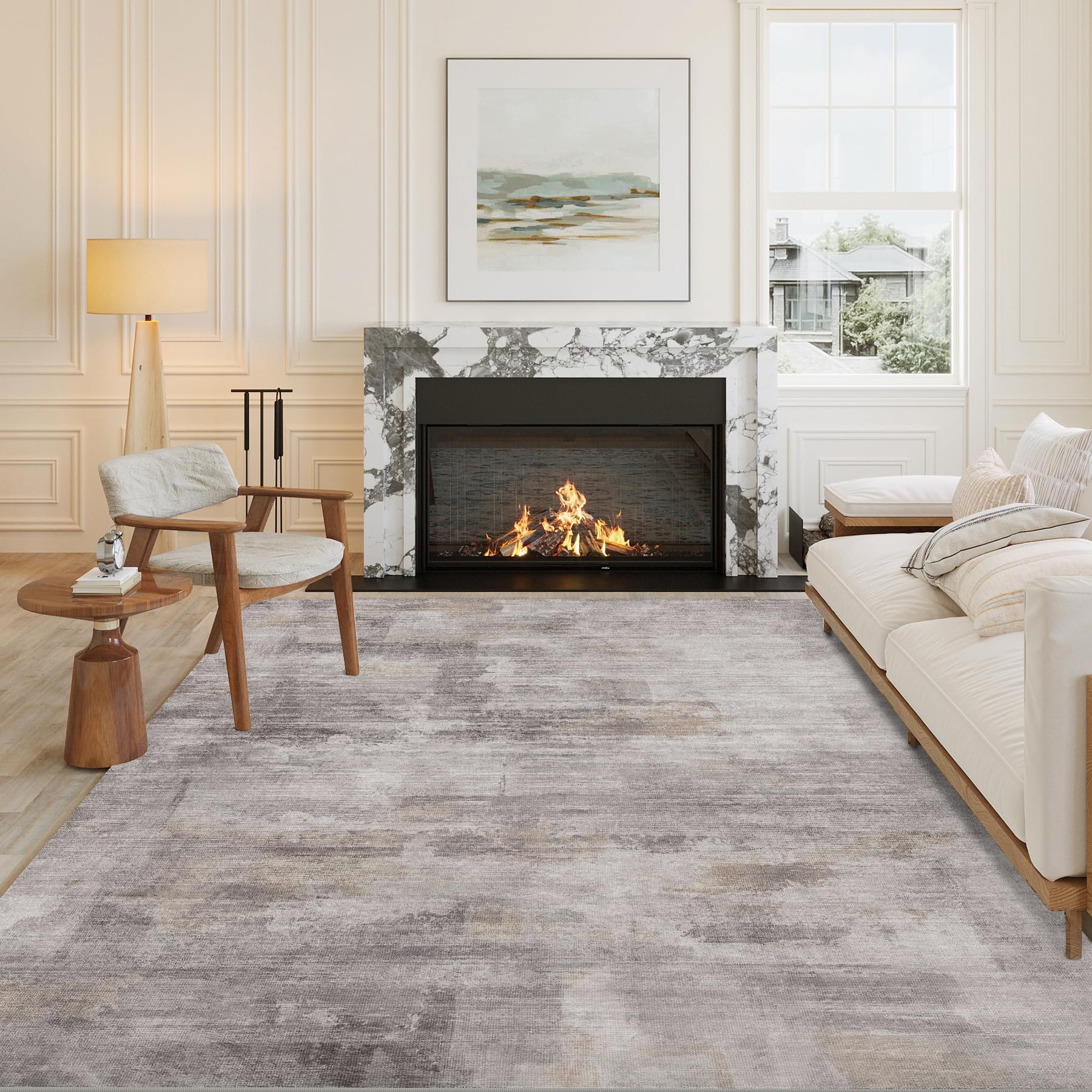 8x10 Washable Area Rug Grey and Brown Abstract Modern Living Room Bedroom Large Throw Rug Non Slip Soft Simple Indoor Floor Carpet for Dining Room Office Entryway Kitchen Nursery