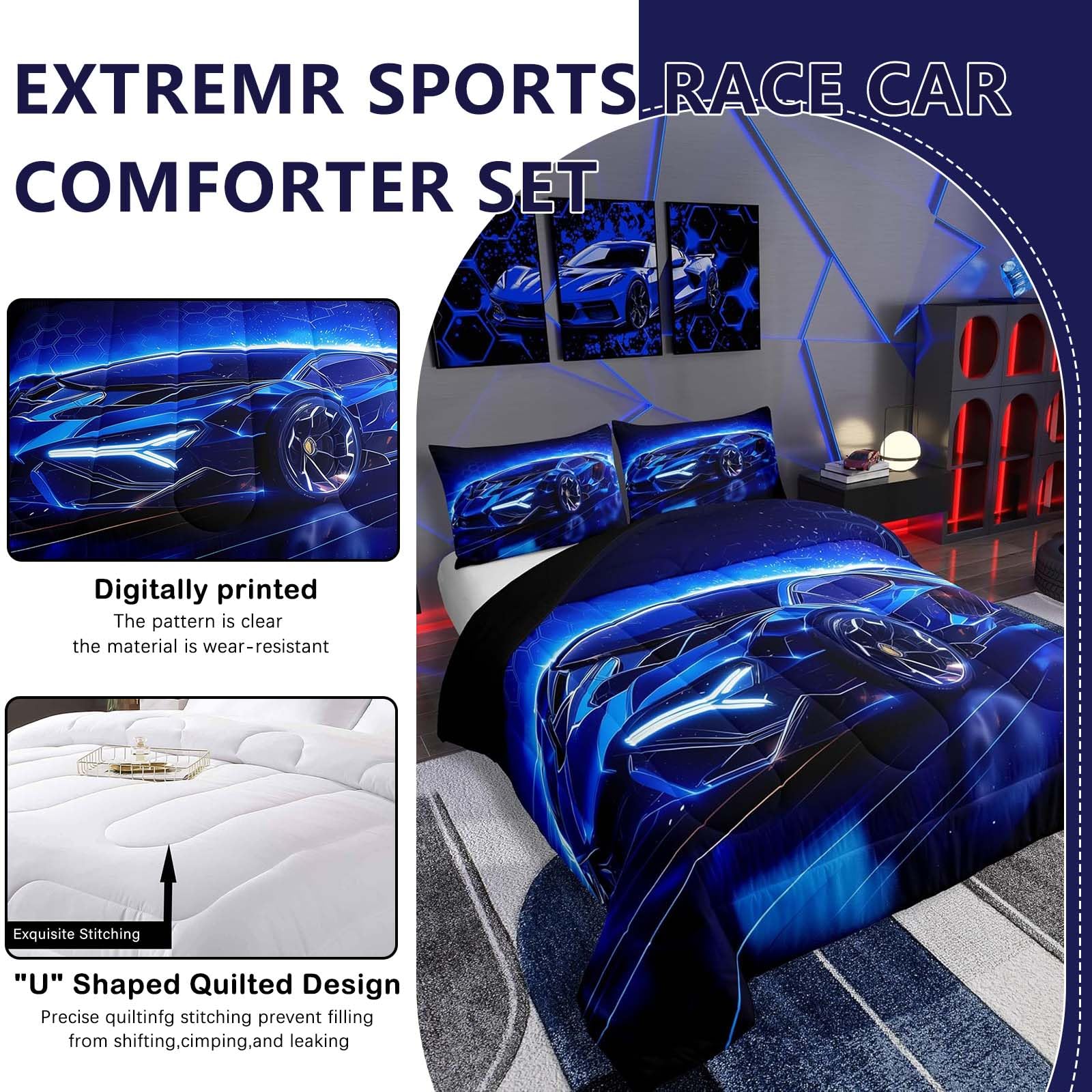 Feelyou Kids Boys Sports Car Comforter Set Full Size Blue Race Car Comforter for Kids Teens Room Decor Extreme Sports Theme Bedding Set Cool Speed Luxury Car Decor Quilt Set Soft for All Season