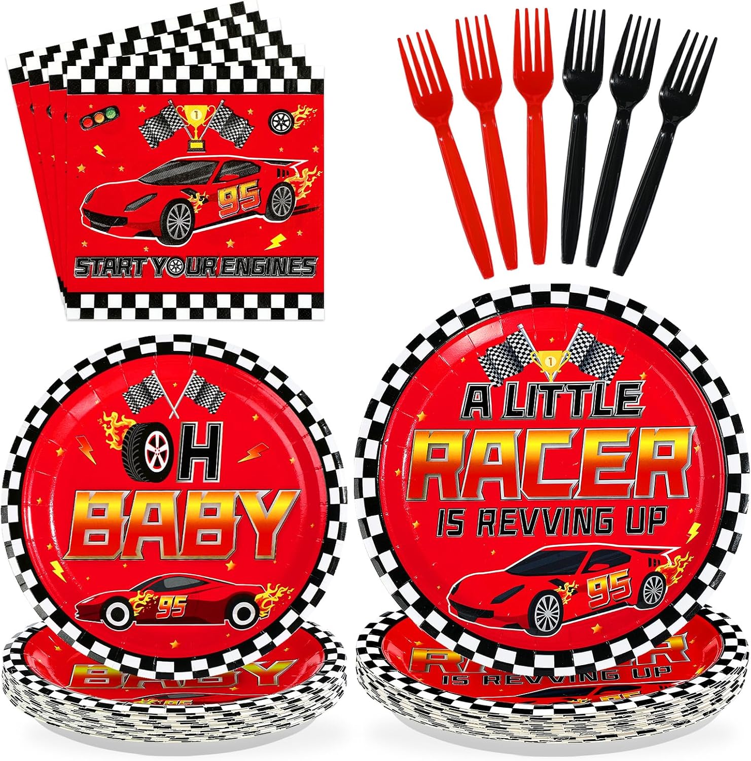 96pcs Race Car Baby Shower Decorations A Little Racer Is Revving Up Plates and Napkins Race Car Theme Tableware For Boys Baby Shower Birthday Party Decorations
