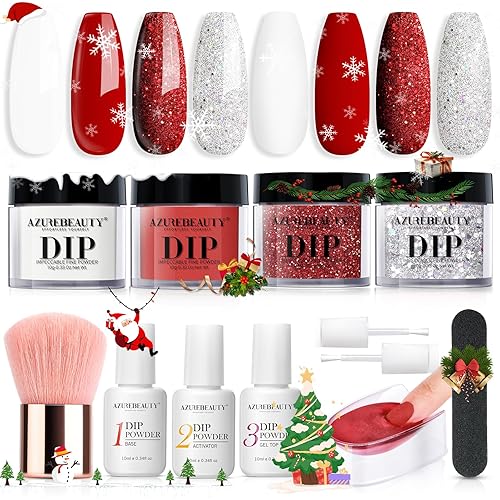 AZUREBEAUTY Dip Powder Nail Kit Christmas Berry Red Silver Glitter, 4 Colors Dipping Powder Set, French Nail Art Base Top Coat Activator Essential Liquid Manicure No Lamp Needed Salon