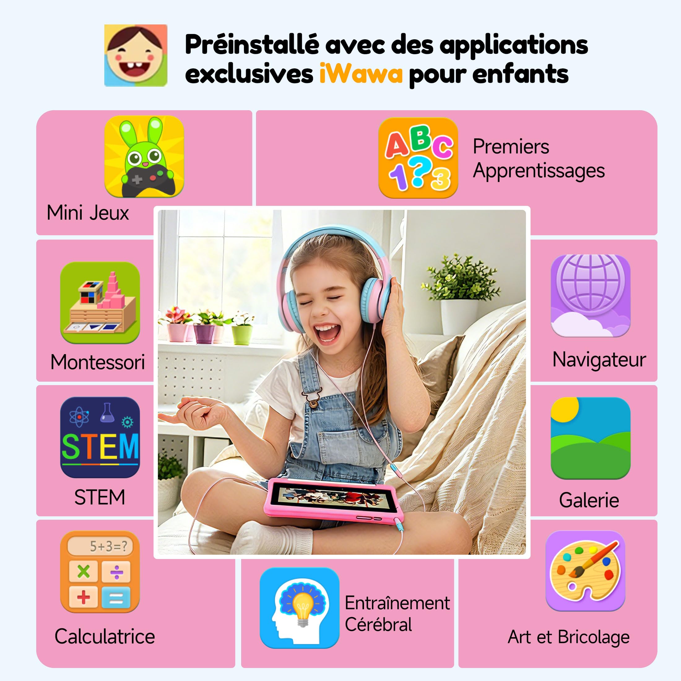 Tablette Enfants 8 Pouces,Avec Contrôle Parental et Coque Antichocs Rose | Tablette Android 15 Éducative pour Enfant de 3 à 12 ans,Avec “iWAWA",5000mAh,32GB ROM,512GB TF,Compatible YouTube Kids