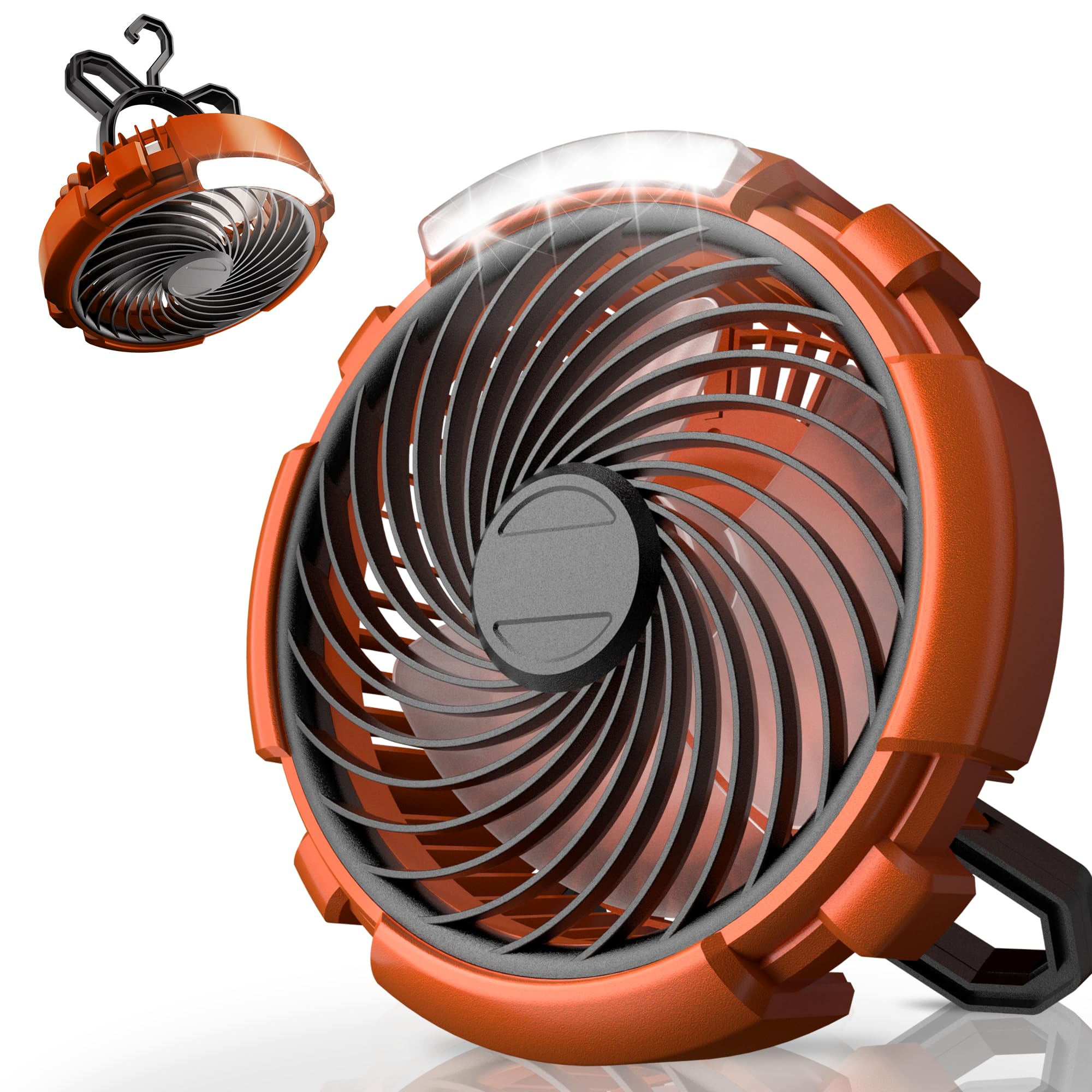 Camping Fan with LED Lantern, 6000mAh Battery Operated Rechargeable Fan, 3 Speeds,180° Rotation, Portable Desk Fan with Hanging Hook, Tent Fan for Travel Camping Outdoor Fishing