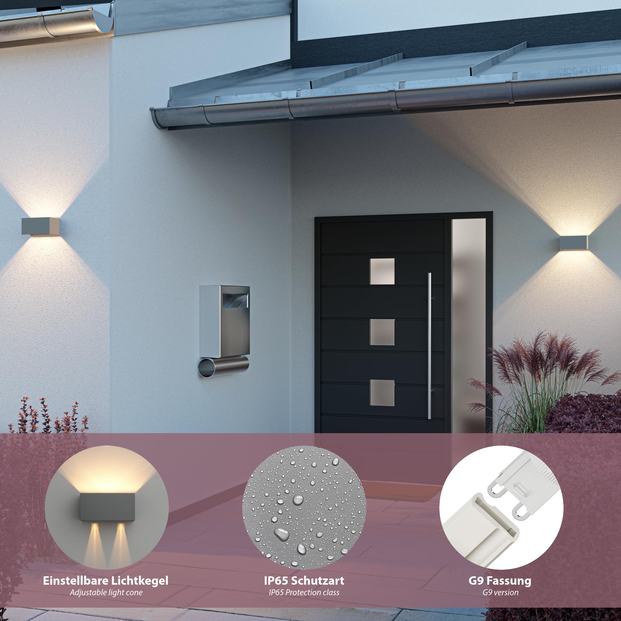 ledscom.de 2x Wandleuchte CUBEL für außen, IP65, Up-/Downlight, grau matt, eckig, 2x G9 max. 10W