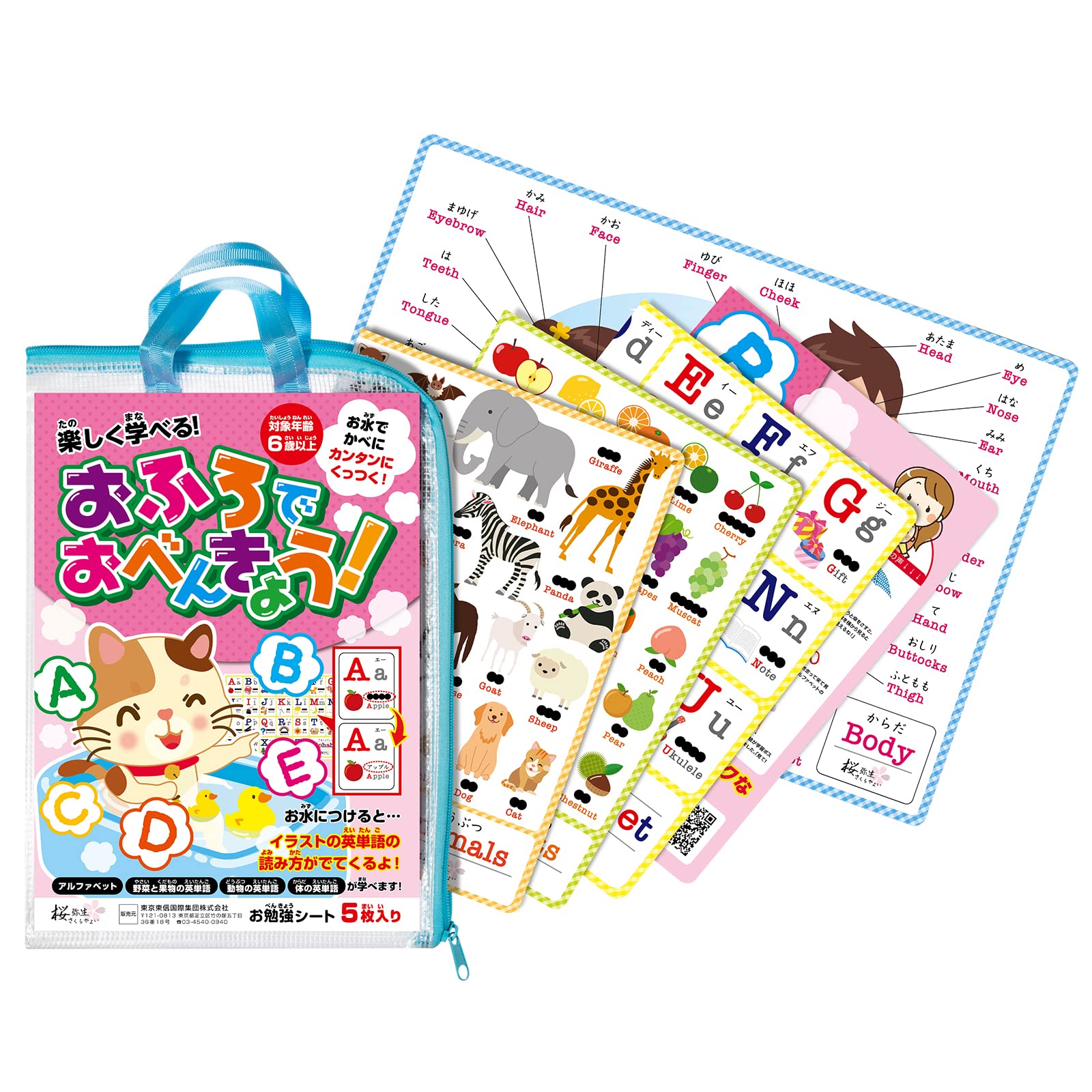 桜弥生 お風呂英語ポスター5枚セット良質な連絡袋付 (アルファベット ABC表・英語英単語表)  小学校受験色が変わる幼児子ども小学生人気のおふろおもちゃ防水知育玩具壁に貼る (約A3サイズ 403×225mm)