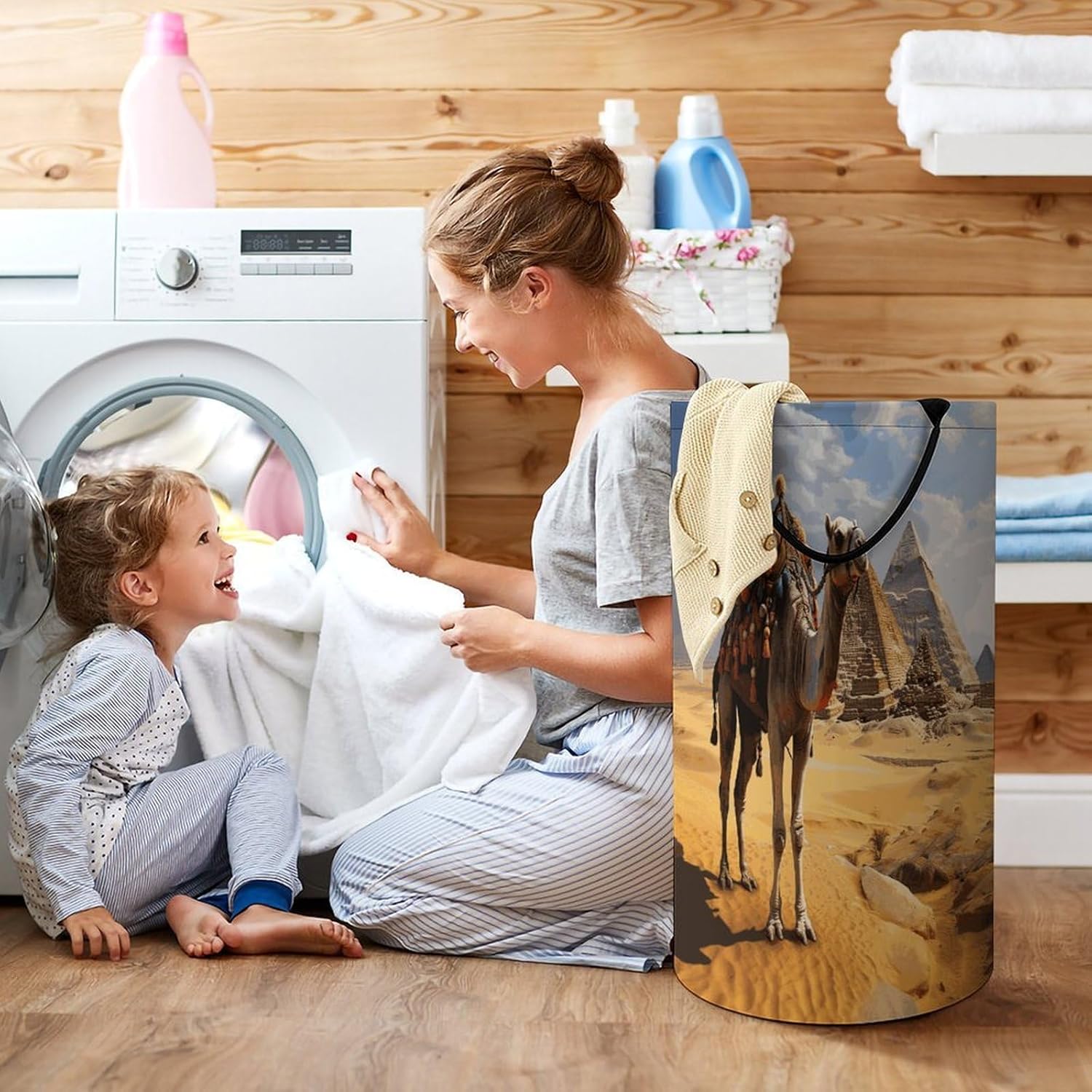 Pyramid CamelLaundry Hamper - Large Dirty Clothes Bag.Storage Basket for Easy Carry Handles. Large Clothes Basket with Handles, Clothing Storage Bucket Toy Organizer for Bathroom Bedroom Dorm.