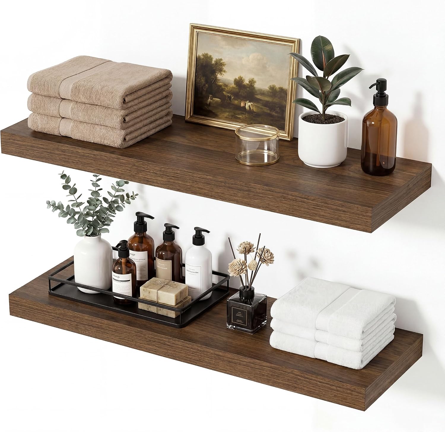 Vivelove 8 Inch Deep Floating Shelves Black, 16 x 8, Set of 2 | Invisible Brackets, Easy Mount Shelf with Hardware Kit, Engineered Wood, for Bathroom Bedroom Living Room Kitchen