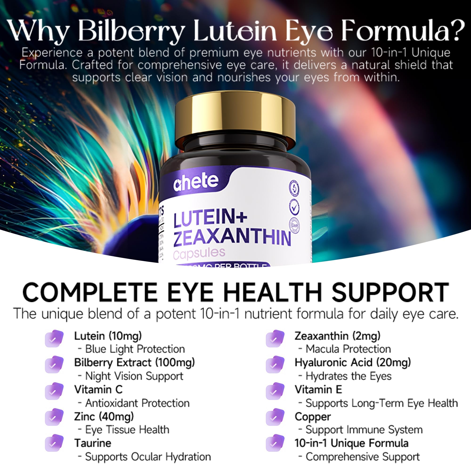 Lutein 10mg & Zeaxanthin 2mg Eye Vitamins with Bilberry 100mg, Vitamin C, E, Zinc – Advanced Eye Health Supplement for Vision Support, Blue Light Protection & Dry Eyes – 60 Capsules (30 Days) — Amazon image 4