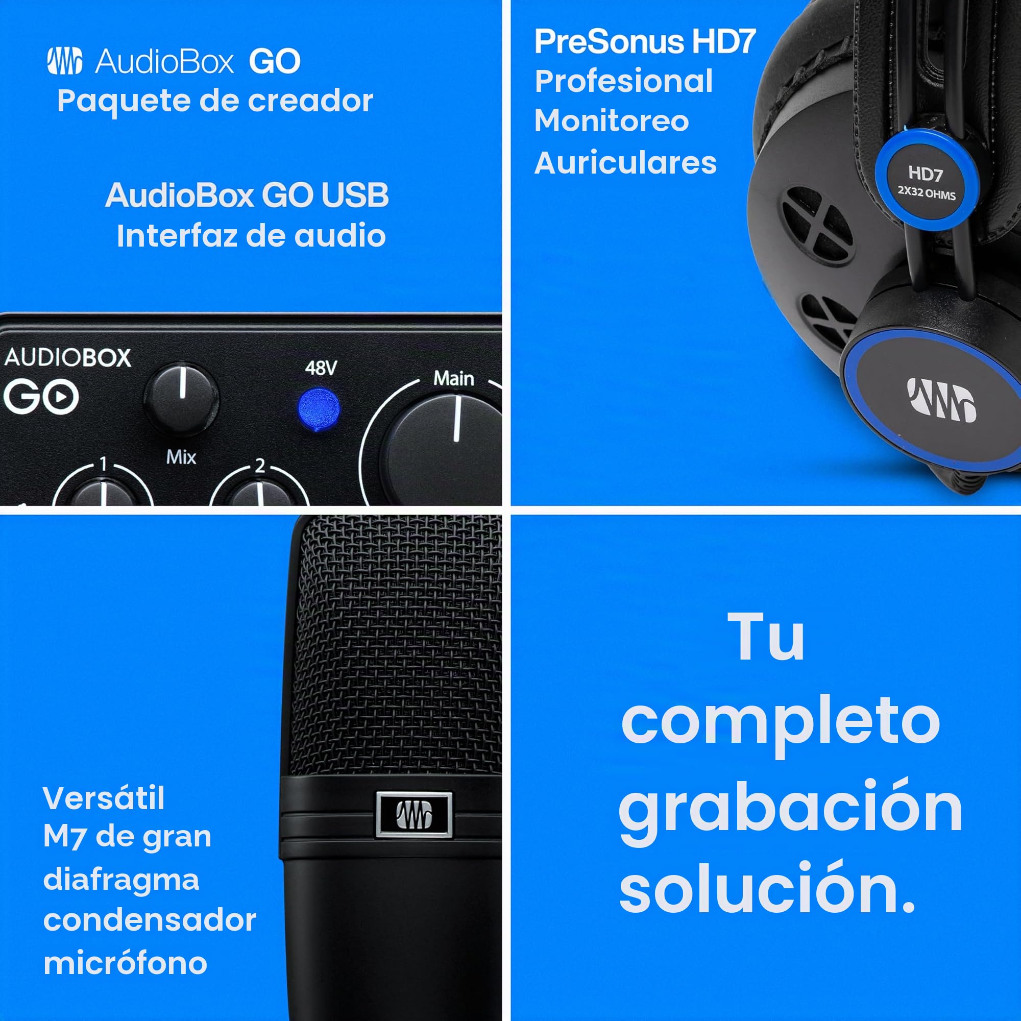 PreSonus AudioBox Go Creator - Paquete completo de grabación de estudio con interfaz de audio USB 96K, micrófono de condensador, auriculares de monitoreo profesional y software Studio One Pro DAW
