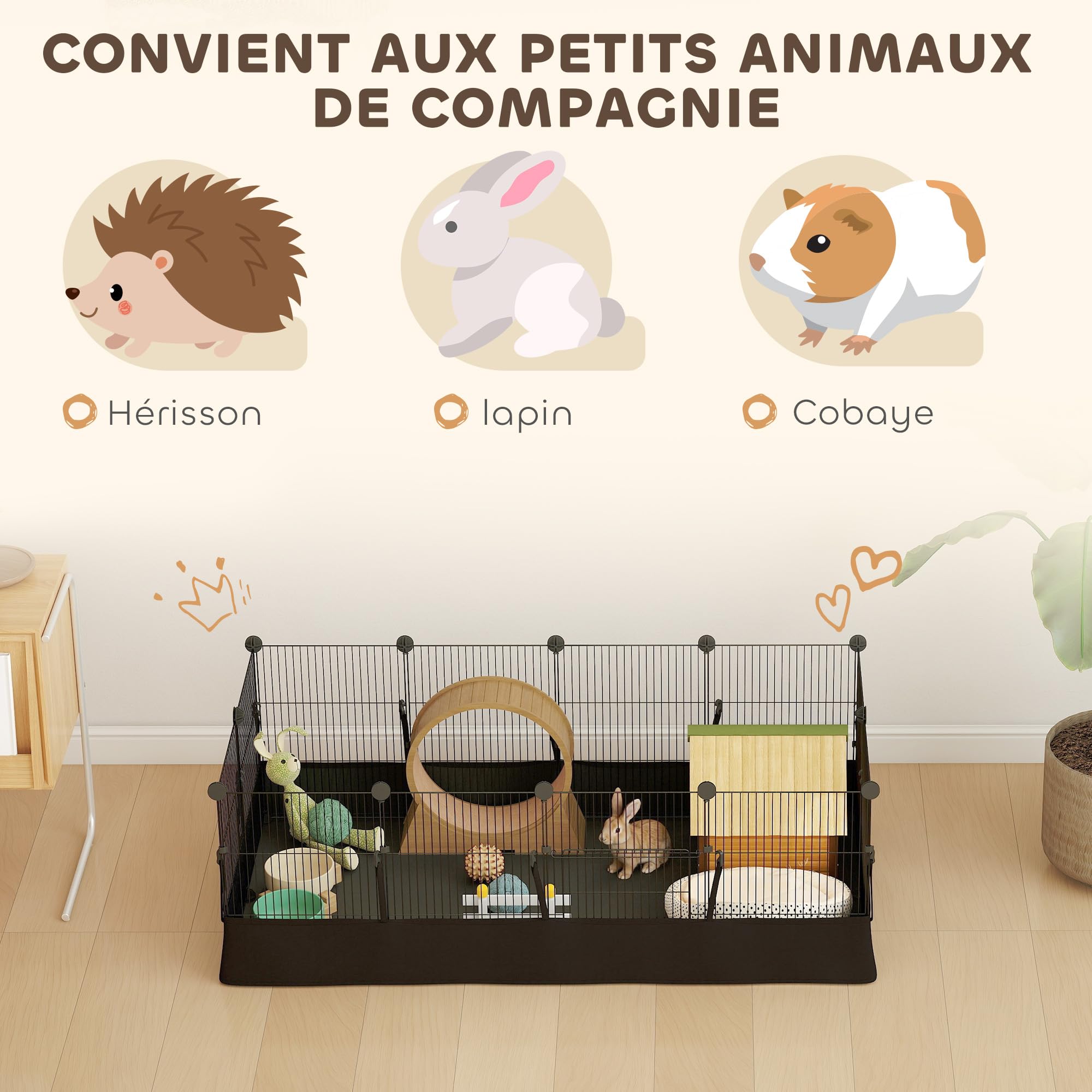PawHut Enclos pour Petits Animaux, Cage à Lapin modulable, 12 Panneaux avec Tapis étanche, Parc clôture pour Animaux, intérieur et extérieur pour cochons d'Inde, Lapins, hérissons, en Acier, Noir