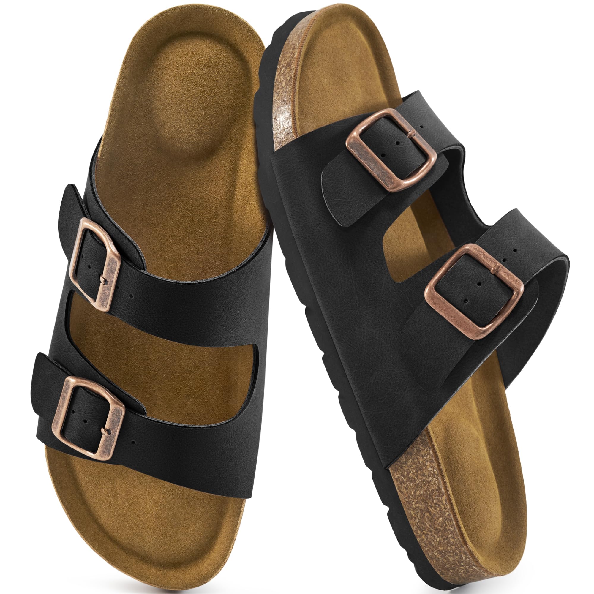 Aomigoct Sandals Womens Dressy Flat: Comfortable Cork Footbed Sandals Women - Beach Summer Walking Slides for Women