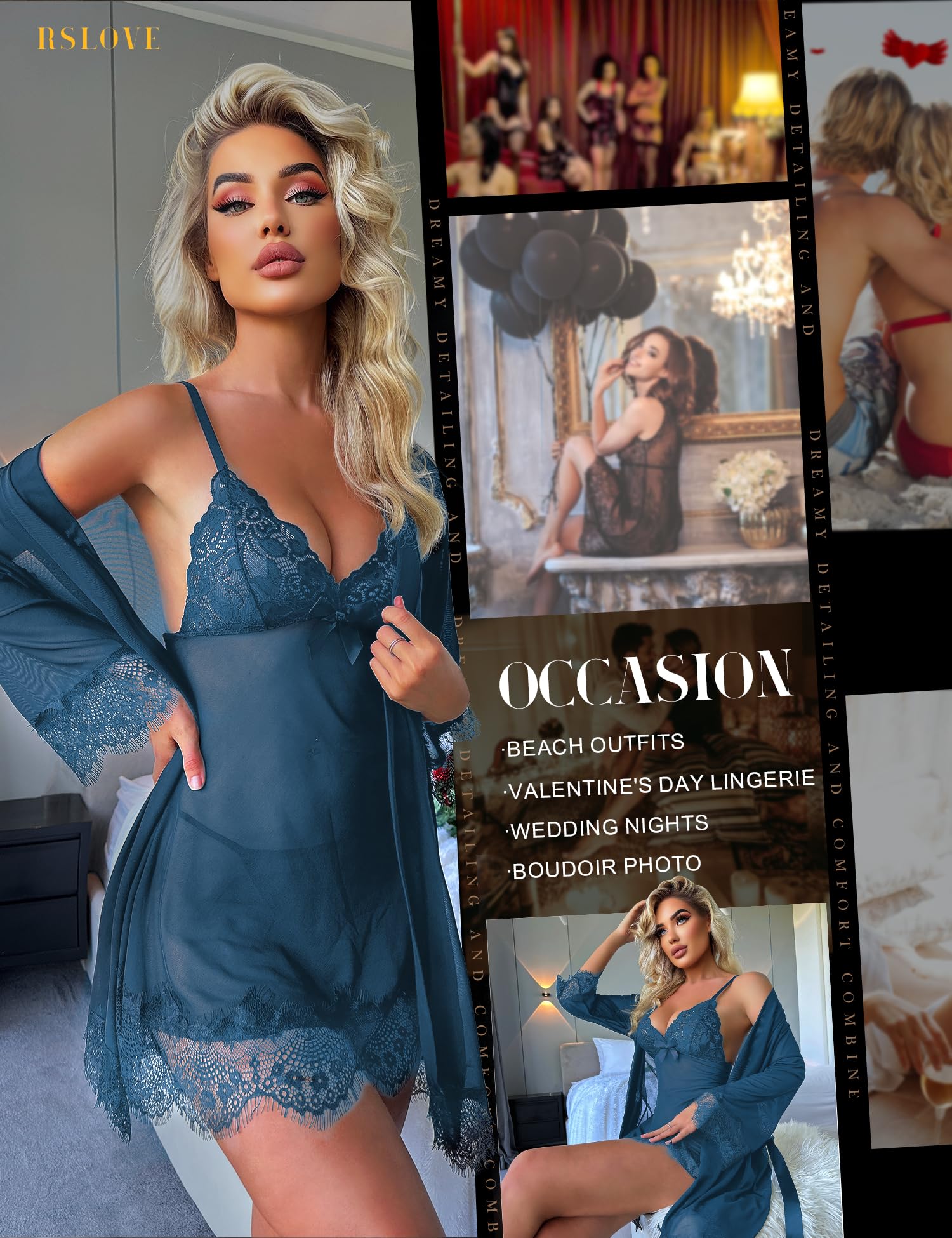 RSLOVE Nuisette Sexy Femme Robe de Nuit Lingerie Babydoll avec G-String Ensemble Lingerie Dentelle Feminin 3 Pièces