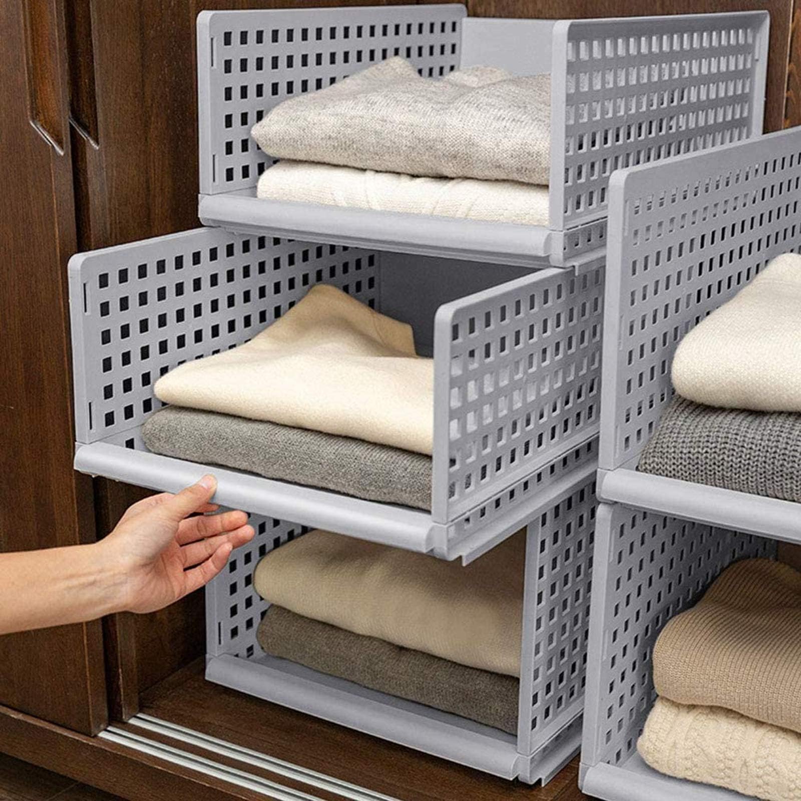 Wardrobe Storage Organizer 4-Pack Plastic Storage Boxes Baskets Shelve Detachable Closet Containers Wardrobe Organiser Drawers Divider for Home Kitchen Bedroom, Pull Out Like a Drawer- Grey