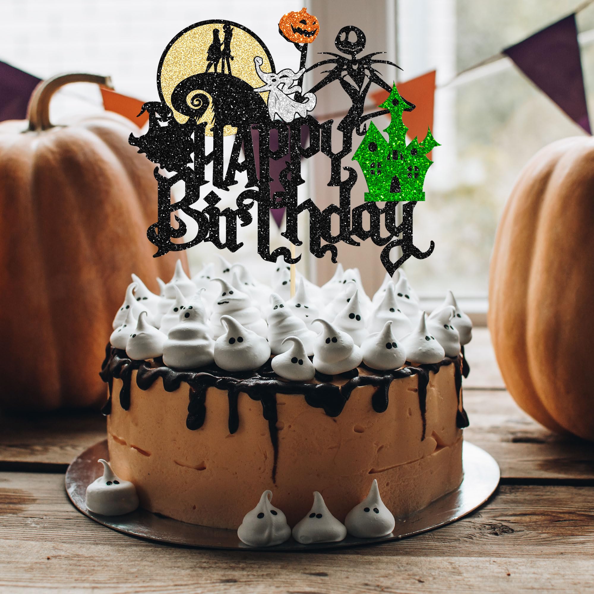 Décoration Gâteau Halloween "Happy Birthday" à Paillettes - 22x15.2 Cm - Fantôme, Chauve-souris, Maison Hantée