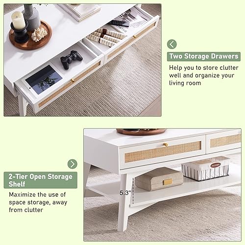 Miniatura 5 de OKD Mesa auxiliar para sala de estar mesa central de almacenamiento moderna de mediados de siglo con cajones deslizantes dobles de ratán natural