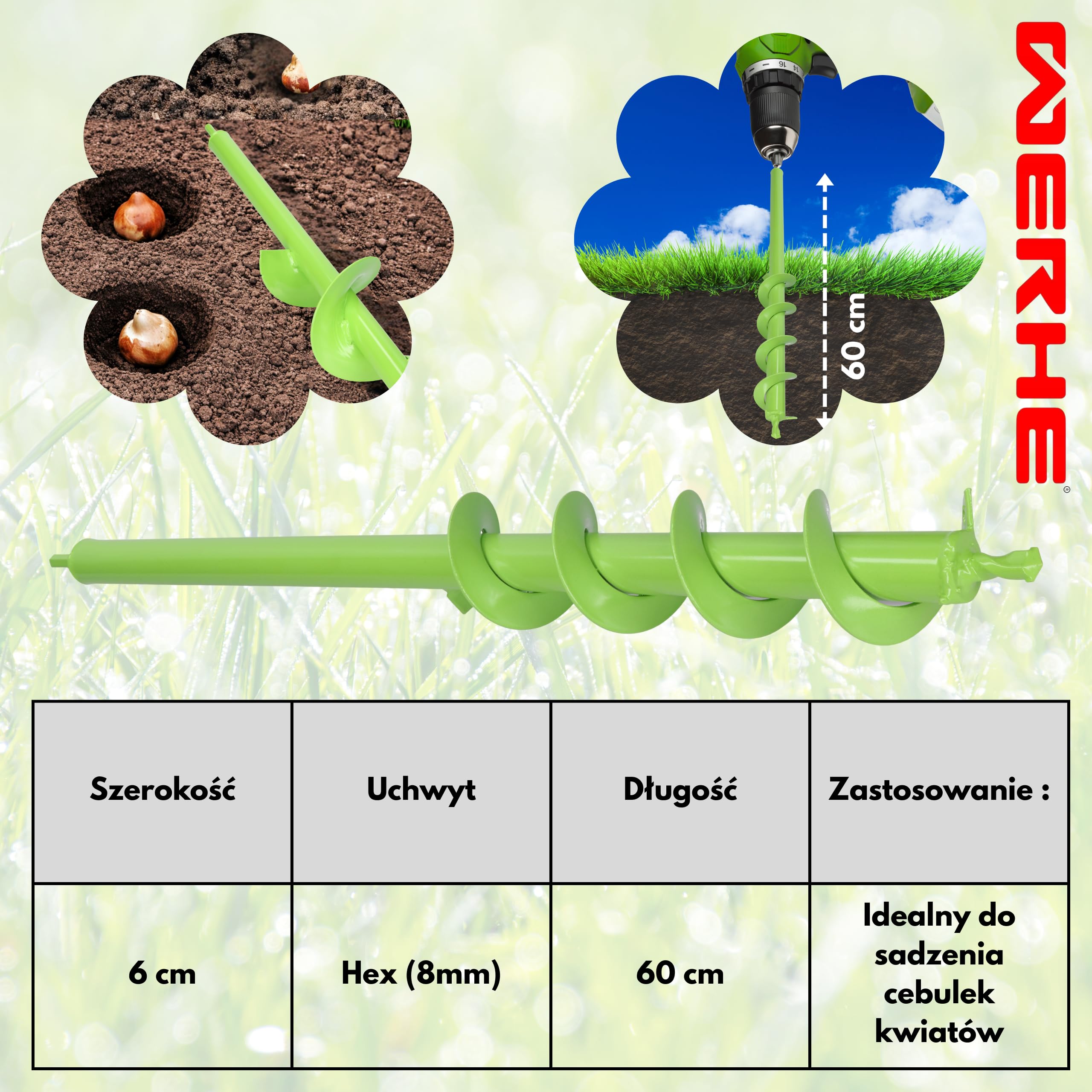 WERHE świder ziemny 60 mm, długość 600 mm, do wiertarki i wkrętarki | Hex uchwyt 8 mm, pasuje do Makita, Bosch, Einhell, do kwiatów, krzewy, słupki ogrodzeniowe, stal węglowa