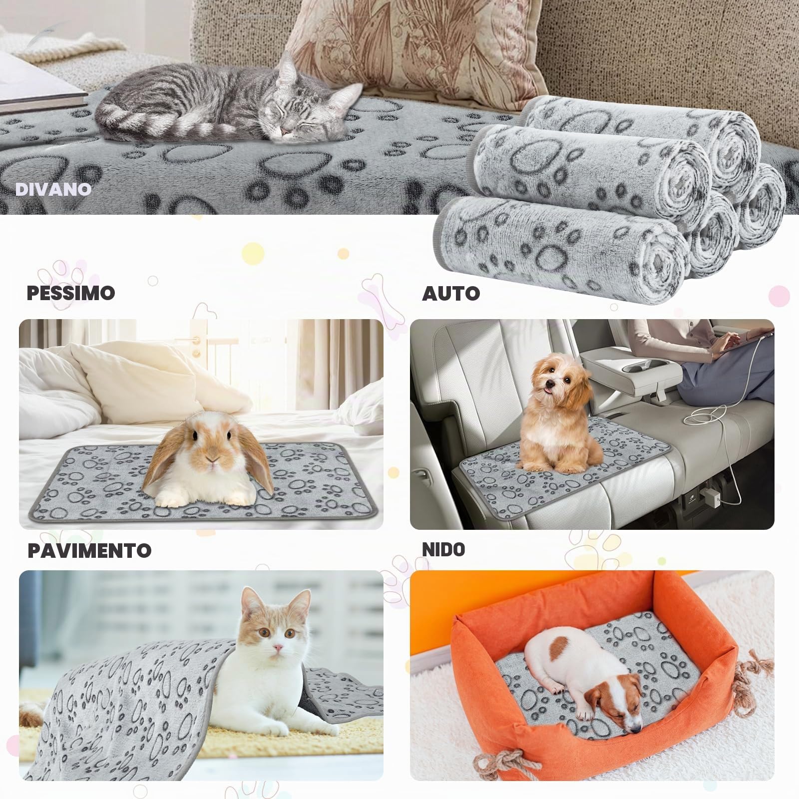 Coperta Per Cani Lavabile Flanella Morbida Calda 60×40cm Grigio Impronte Zampe