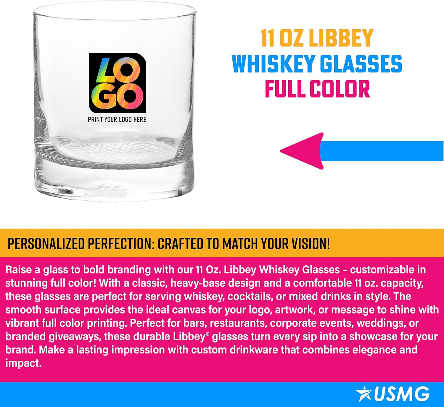 11oz Presidential Finedge Whiskey Glasses – Custom Full Color Imprinted Drinkware for Bars, Restaurants & Corporate Gifts (QTY 12)